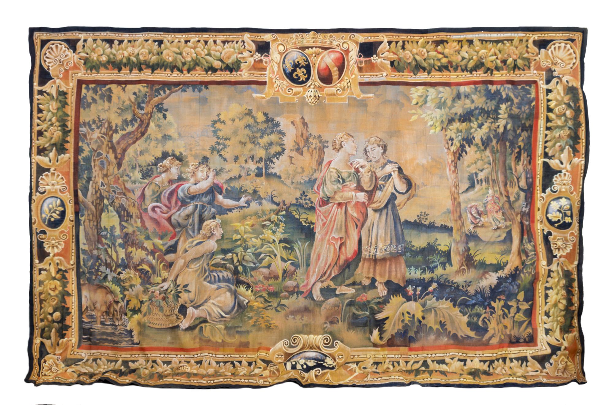 Two Continental Woven and Painted Wall Tapestries 119 x 174 inches. — 19TH CENTURY