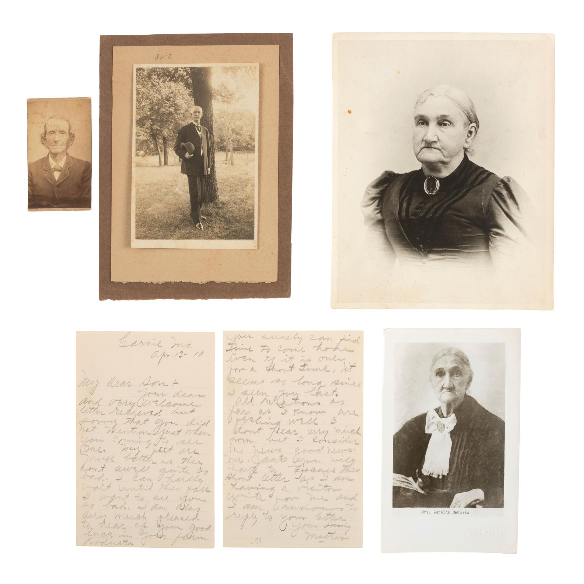 Western Outlaws [JAMES, Jesse (1847-1882)]. Collection of photographs of family members of Frank and Jesse James, incl. display featuring cabinet card photographs of their mother Zerelda James.