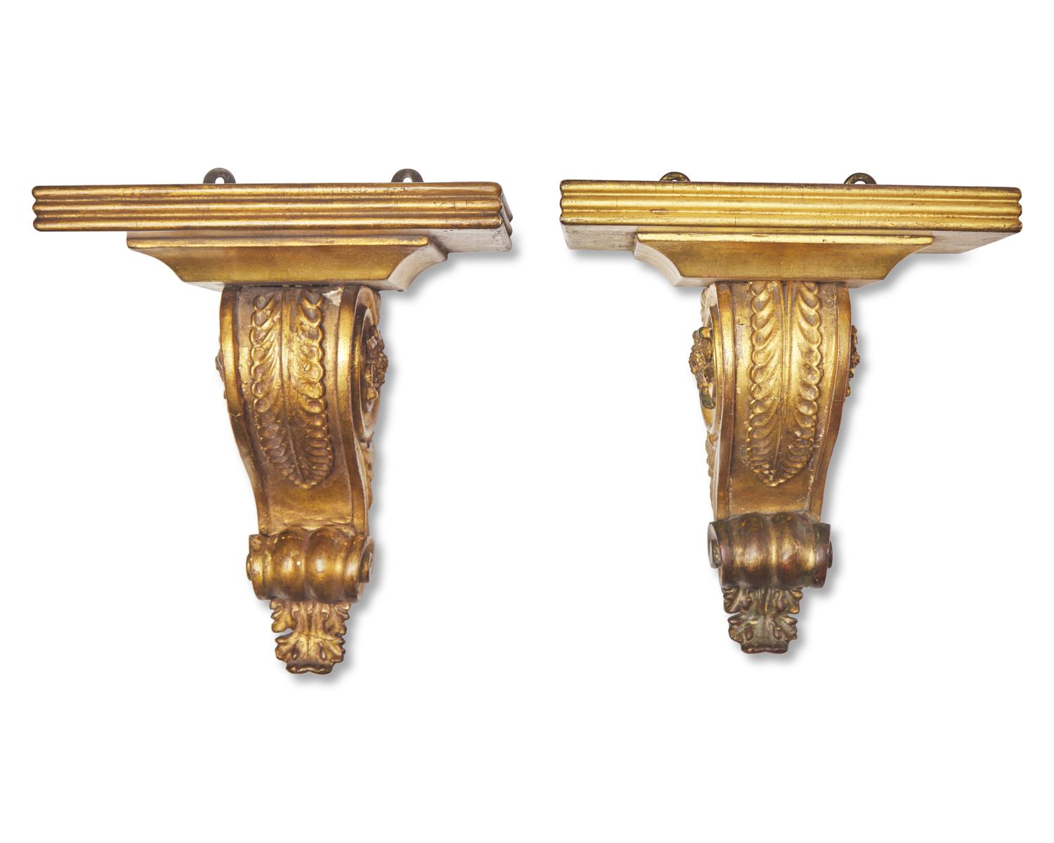 A Pair of George III Neoclassical Carved Giltwood and Gesso Wall Brackets