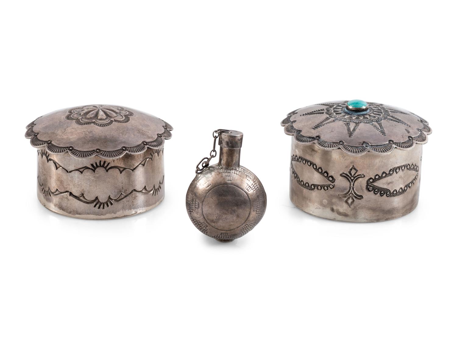Pair of Navajo Silver Boxes AND Miniature Tobacco Canteen
