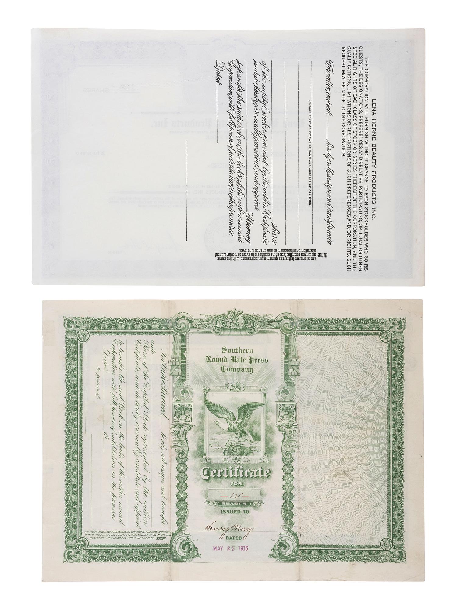 [AFRICAN AMERICANA]. A group of 4 stock certificates or bonds with African American subject matter, incl. stock in Lena Horne Beauty Products Inc.
