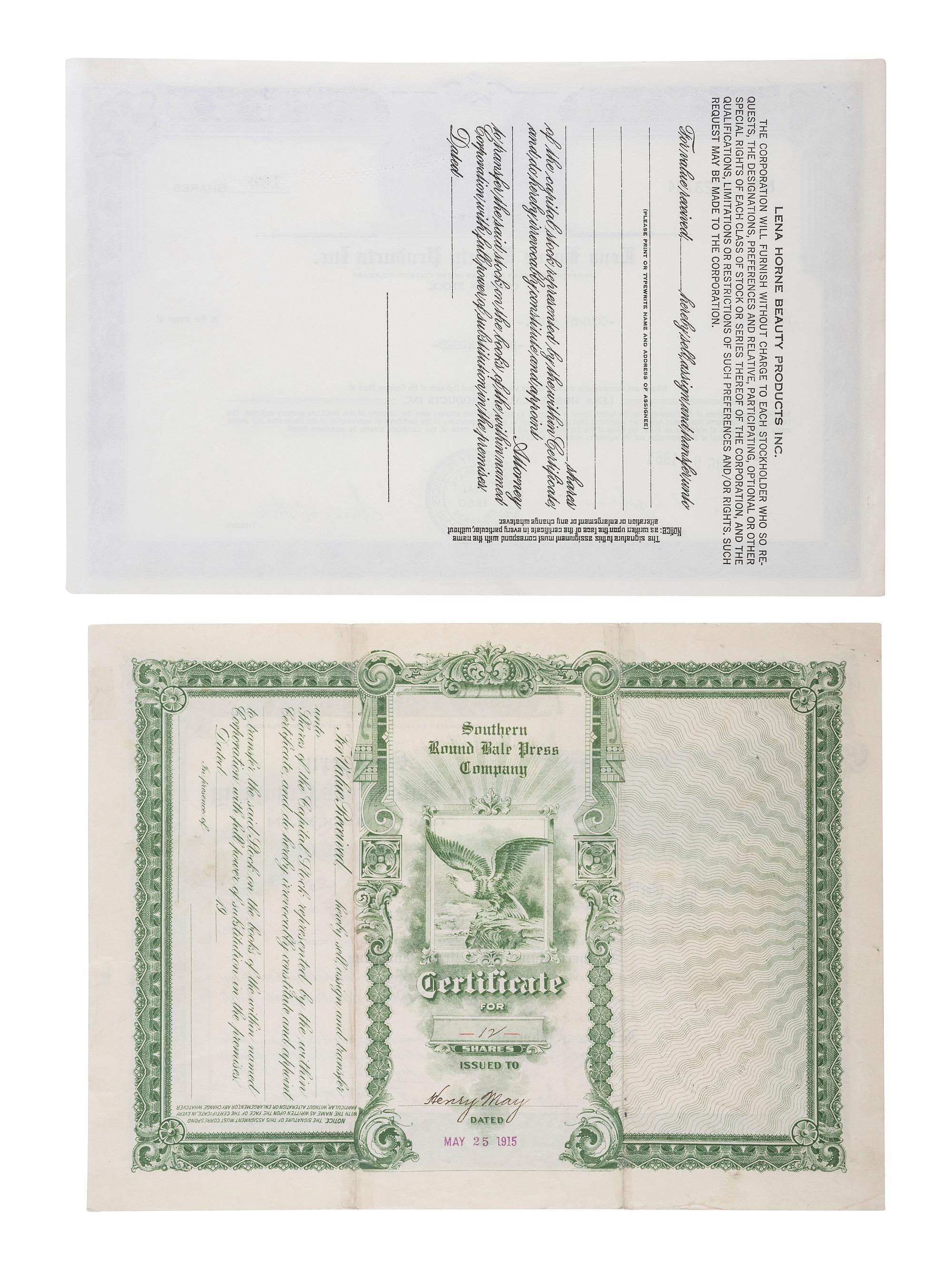 [AFRICAN AMERICANA]. A group of 4 stock certificates or bonds with African American subject matter, incl. stock in Lena Horne Beauty Products Inc.