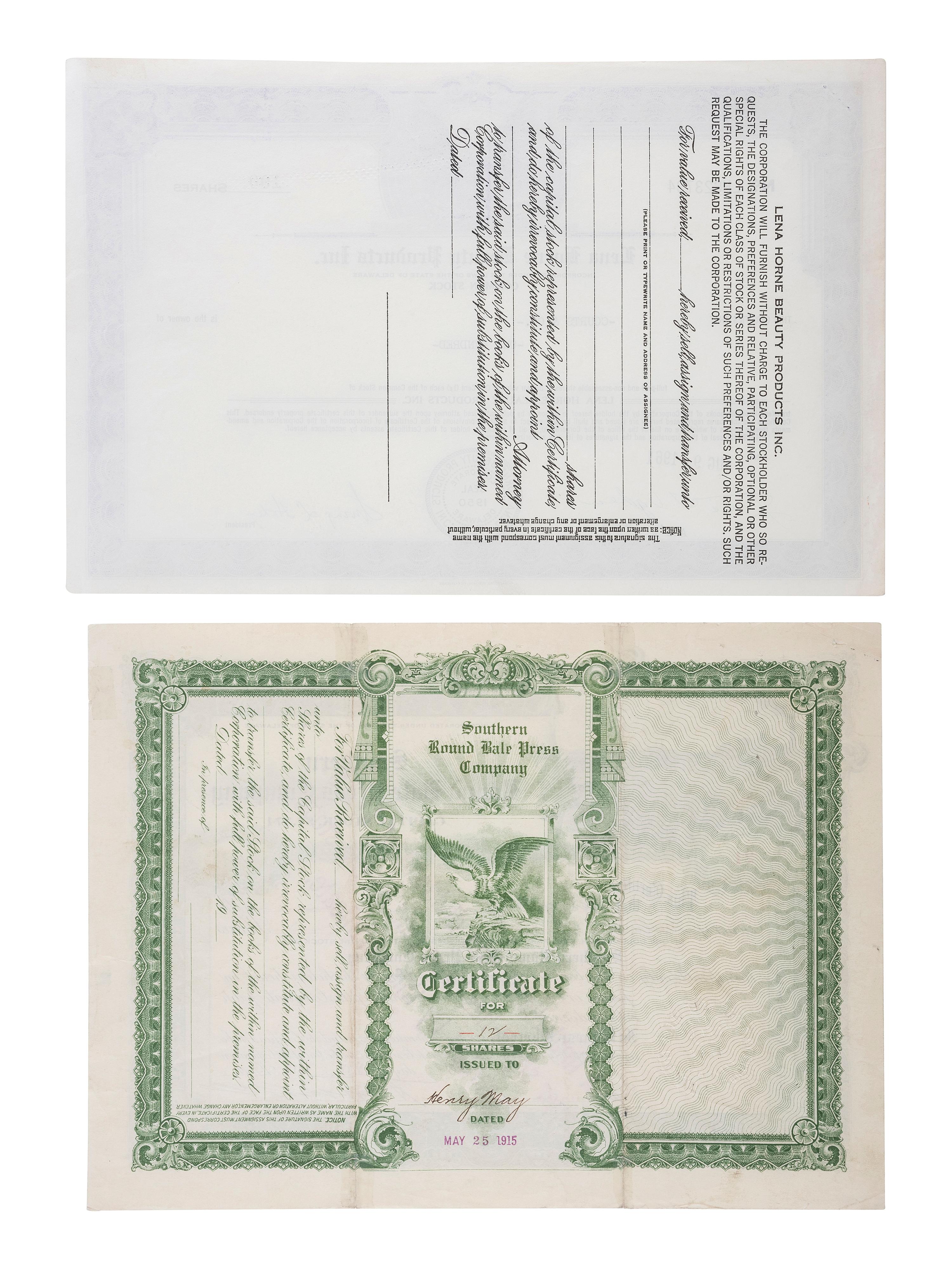 [AFRICAN AMERICANA]. A group of 4 stock certificates or bonds with African American subject matter, incl. stock in Lena Horne Beauty Products Inc.
