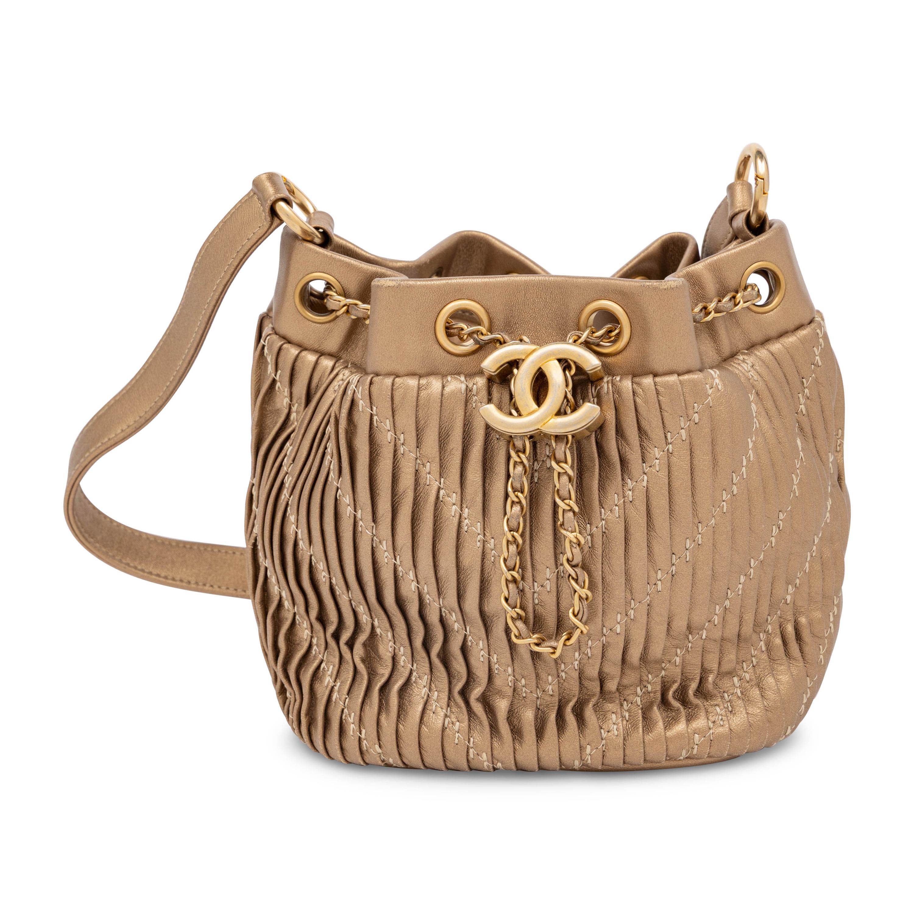 Chanel, Coco Pleats Bucket Bag in Gold Leather
