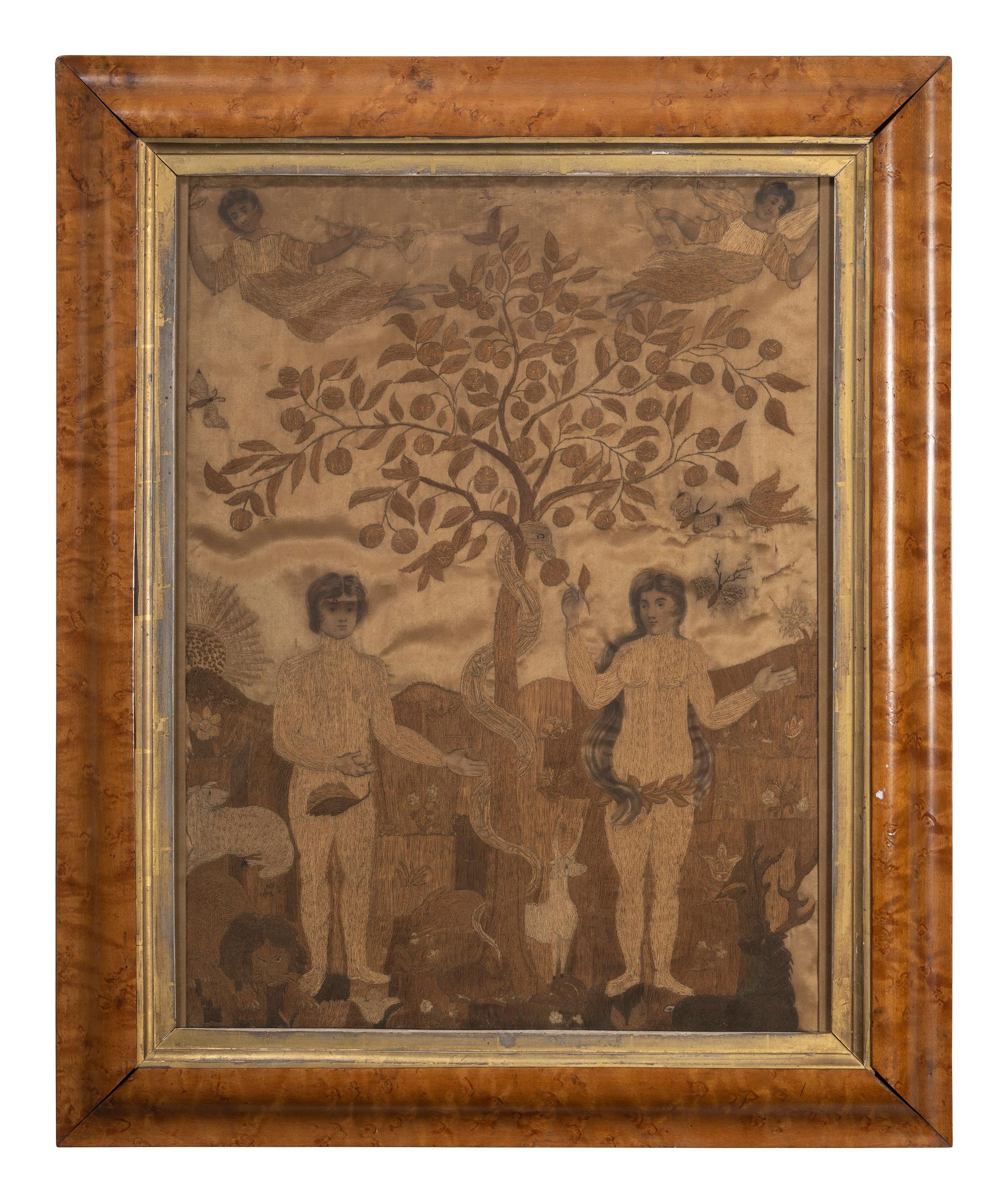 A Goldwork Embroidered Picture of Adam and Eve in the Garden of Eden