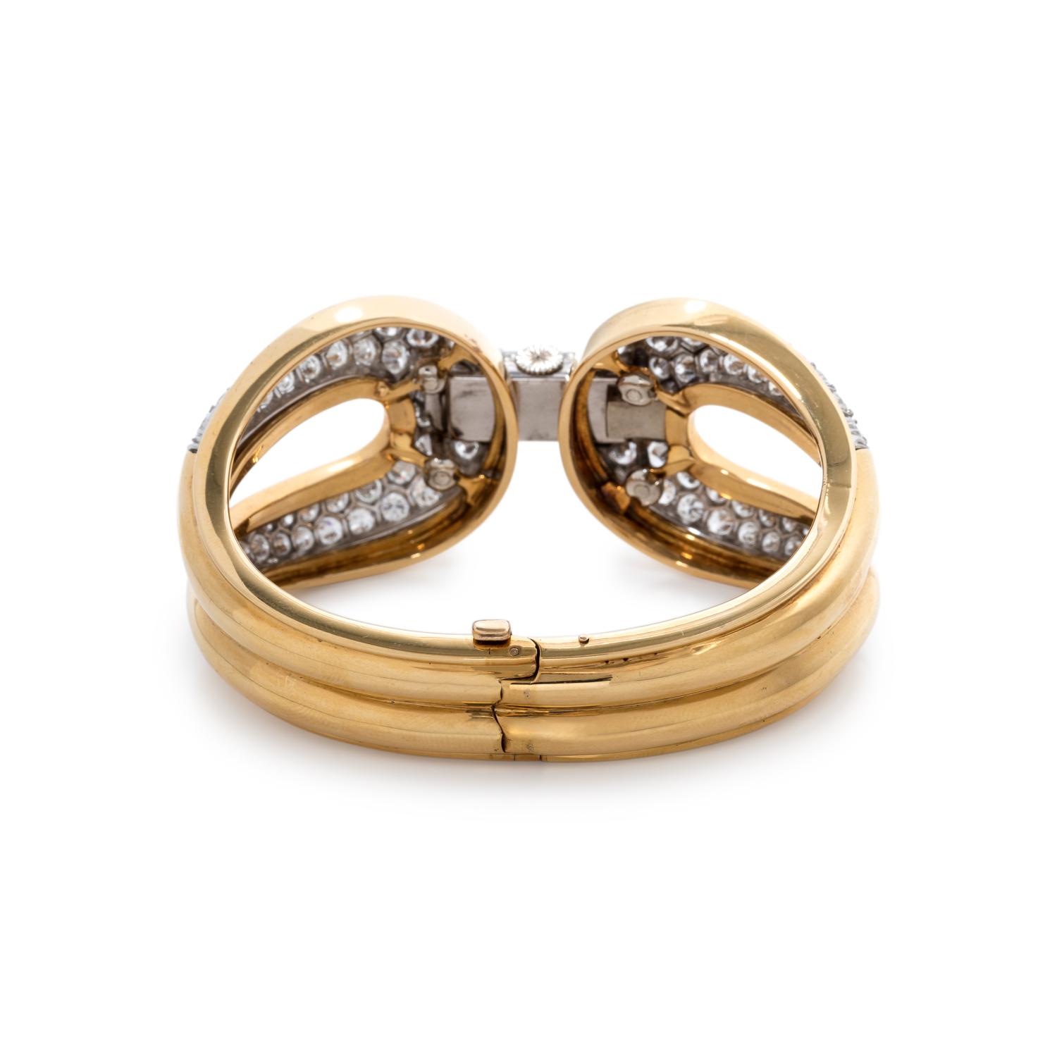 YELLOW GOLD, PLATINUM AND DIAMOND WATCH BANGLE BRACELET