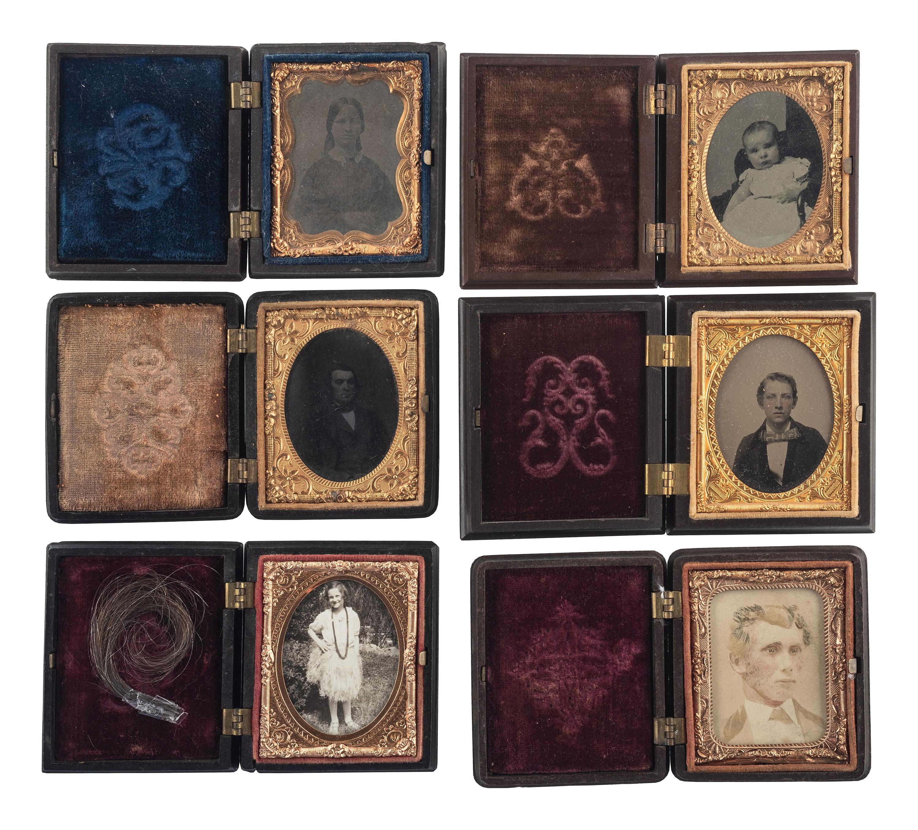 [EARLY PHOTOGRAPHY - CASES & FRAMES]. A group of 20 assorted union cases, most containing images, including: