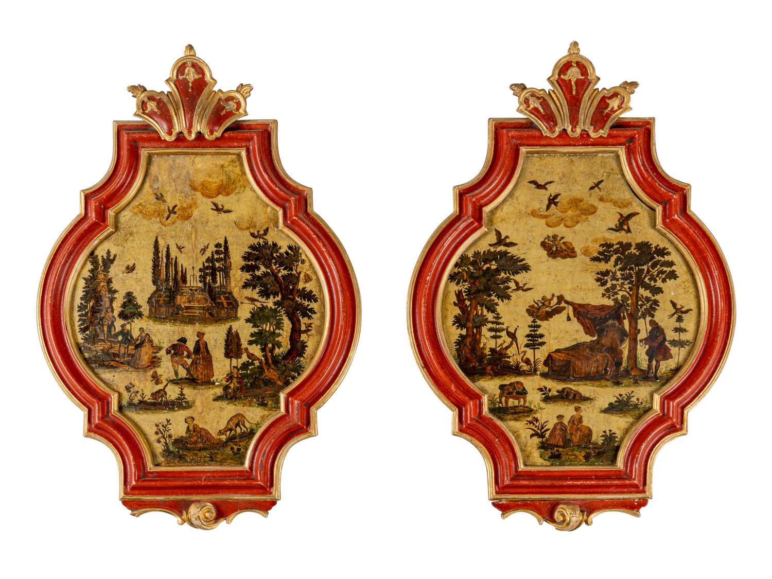 A Pair of Venetian Lacca Povera Cartouche Panels