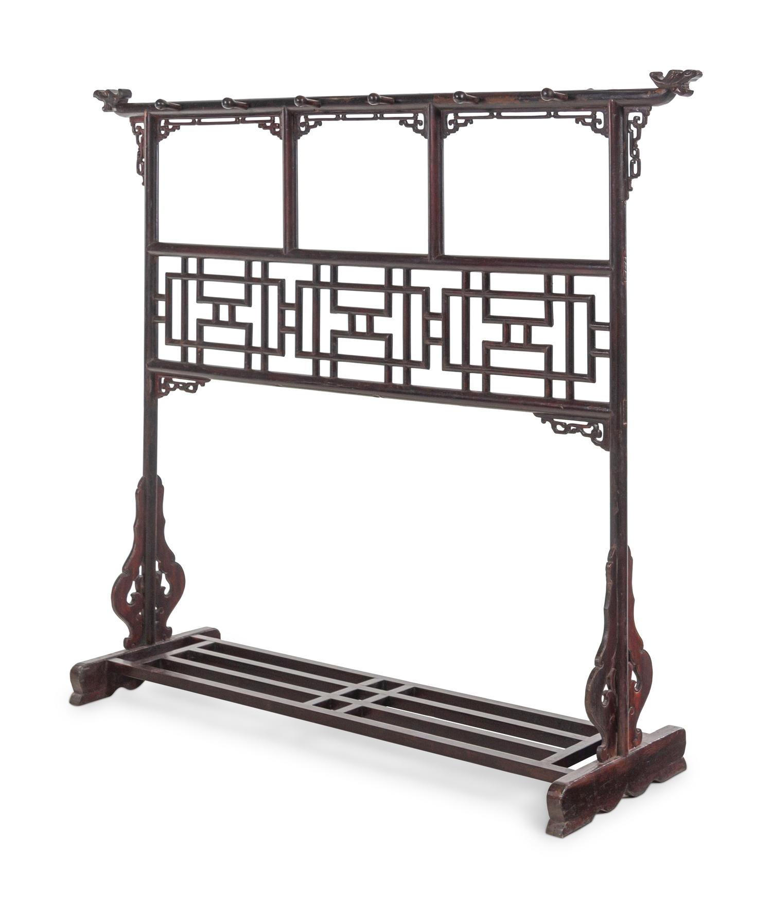 A Chinese Brown Lacquered Softwood Cloth Rack
