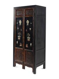 A Large Chinese Hardstone Embellished Lacquered Wood Cabinet