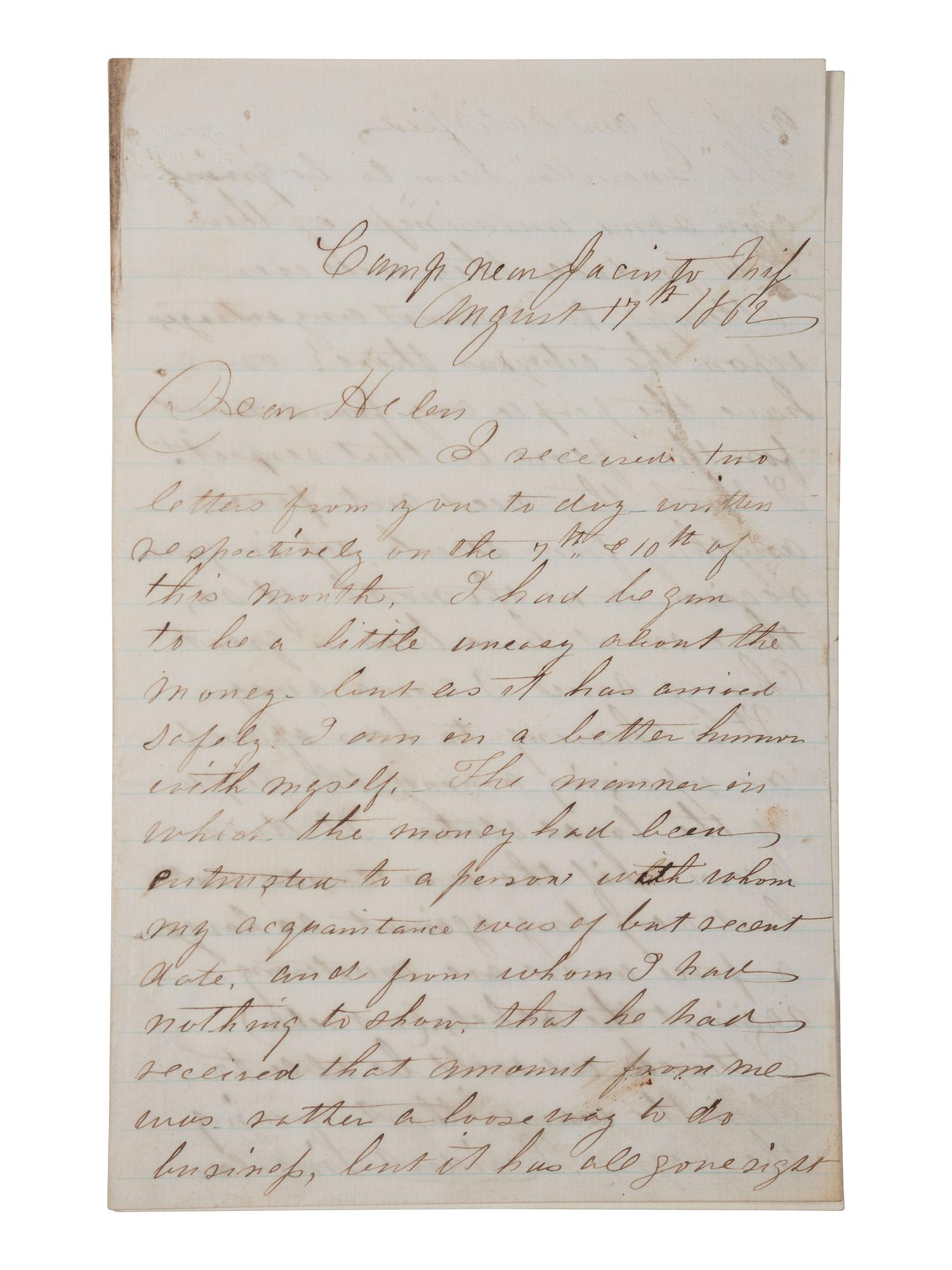 [CIVIL WAR]. 3 war-date letters, highlighted by ALS from Captain William H. Silsby, 10th Iowa Infantry, discussing the arming of formerly enslaved African Americans. Camp near Jacinto, MS, 17 August 1862.