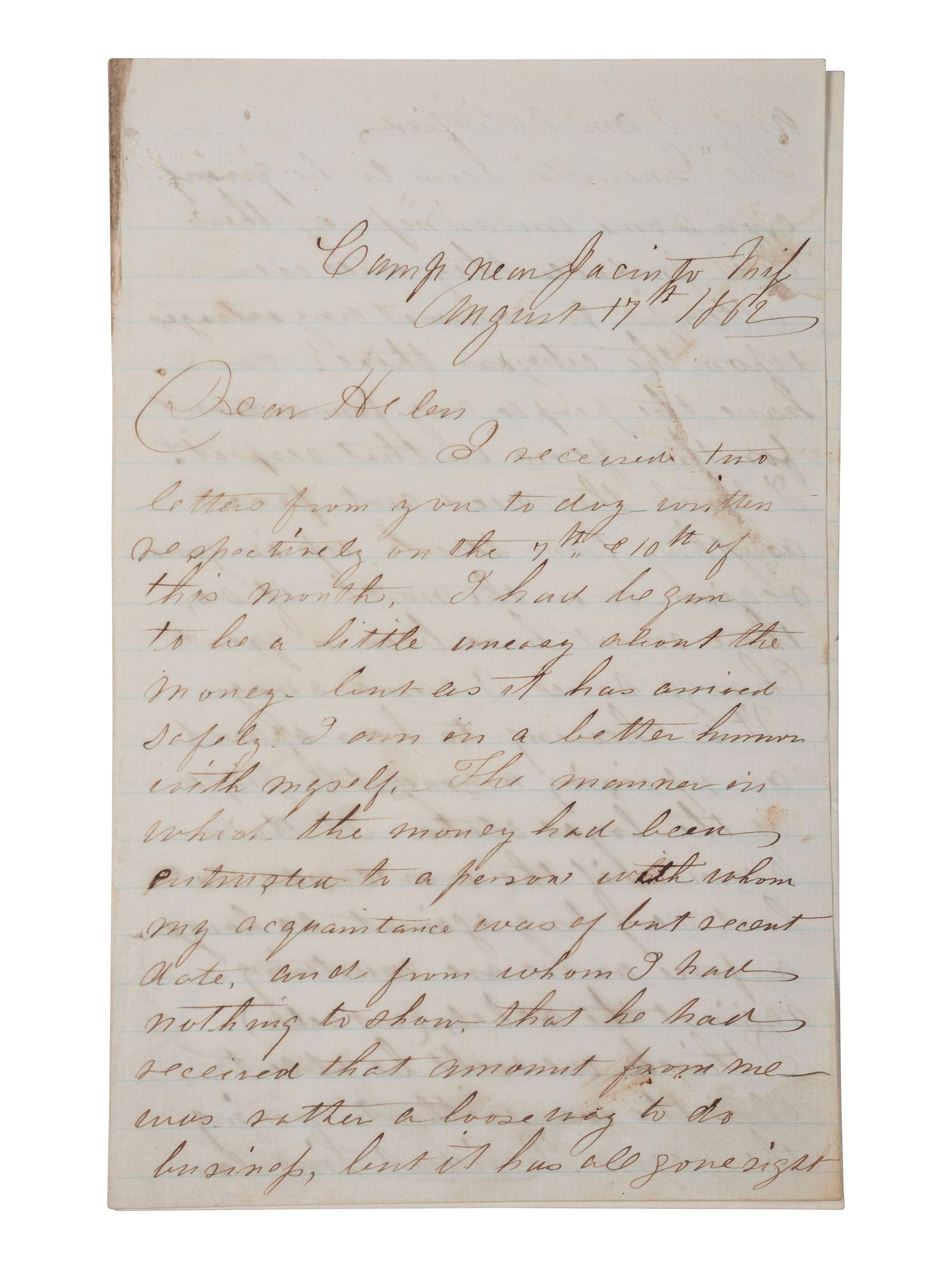 [CIVIL WAR]. 3 war-date letters, highlighted by ALS from Captain William H. Silsby, 10th Iowa Infantry, discussing the arming of formerly enslaved African Americans. Camp near Jacinto, MS, 17 August 1862.