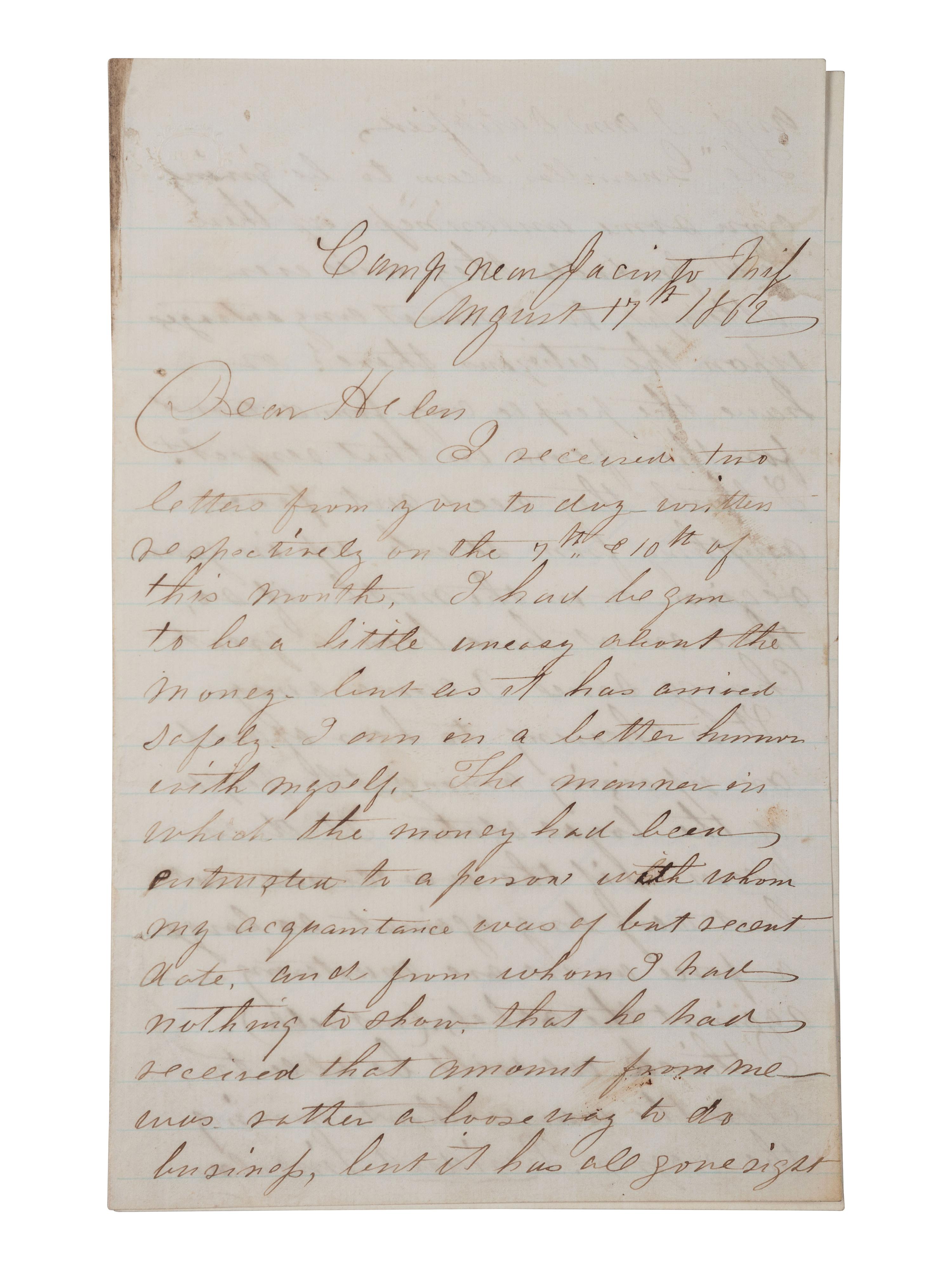 [CIVIL WAR]. 3 war-date letters, highlighted by ALS from Captain William H. Silsby, 10th Iowa Infantry, discussing the arming of formerly enslaved African Americans. Camp near Jacinto, MS, 17 August 1862.
