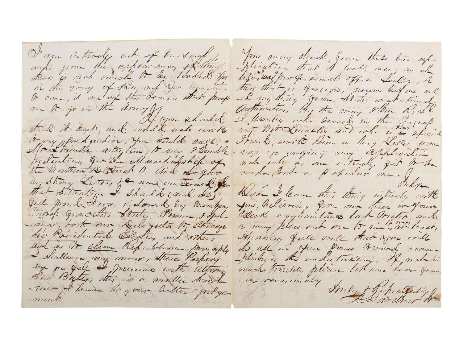 [CIVIL WAR]. ALS to Ohio Senator Benjamin Franklin Wade seeking intervention with President Lincoln in getting a position in the US Army. 6 July 1861, Bellefontaine, Ohio.