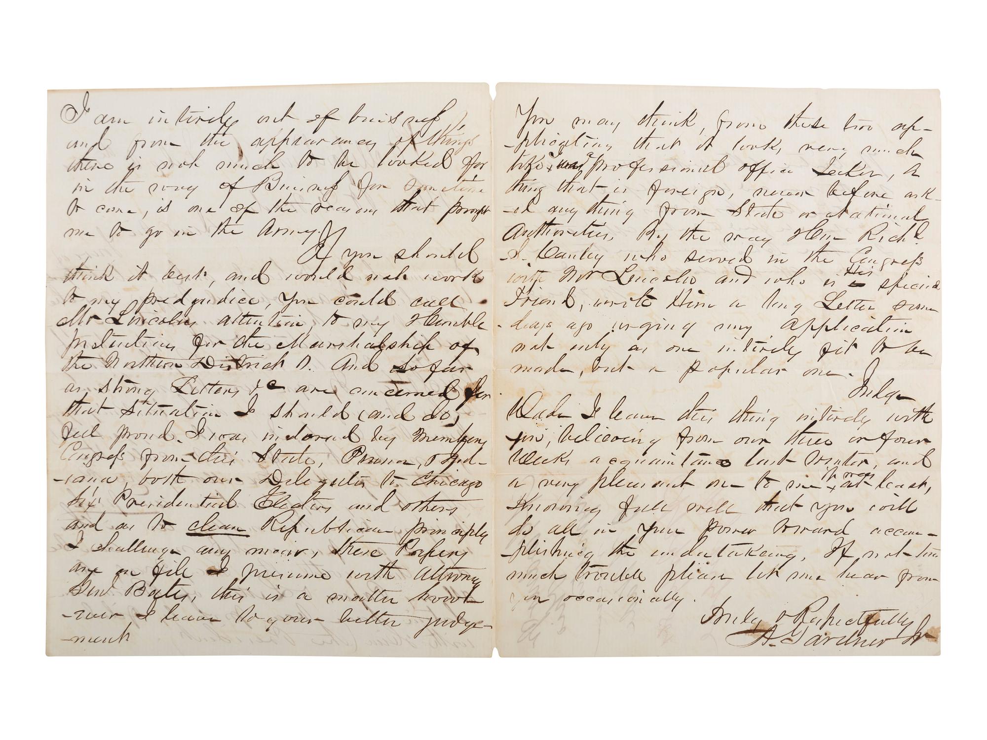 [CIVIL WAR]. ALS to Ohio Senator Benjamin Franklin Wade seeking intervention with President Lincoln in getting a position in the US Army. 6 July 1861, Bellefontaine, Ohio.