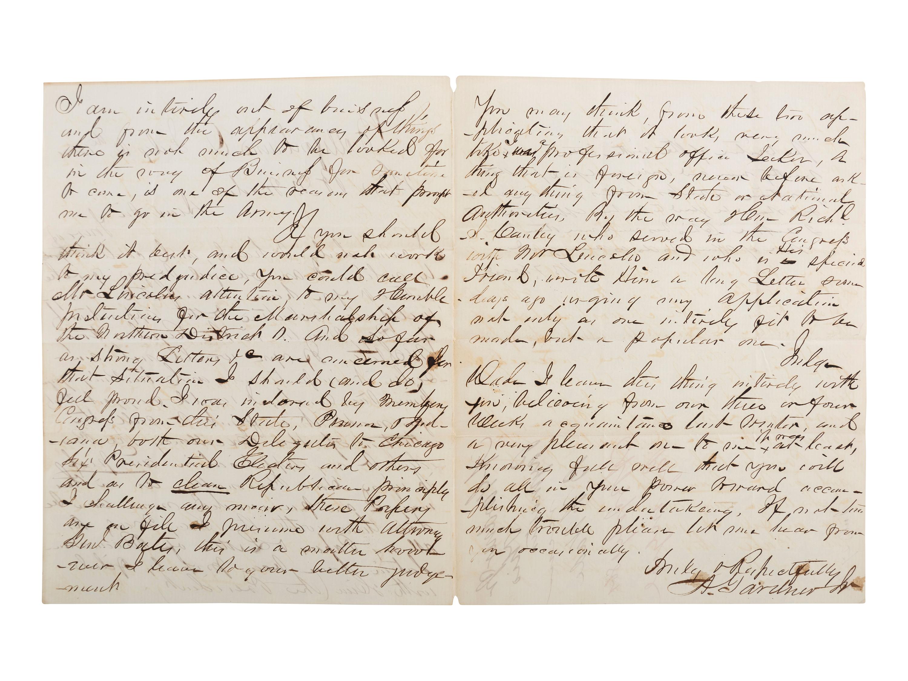 [CIVIL WAR]. ALS to Ohio Senator Benjamin Franklin Wade seeking intervention with President Lincoln in getting a position in the US Army. 6 July 1861, Bellefontaine, Ohio.
