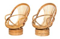 A Pair of Barrel-Back Rattan Armchairs on Swivel Bases Height 40 inches. — 20TH CENTURY