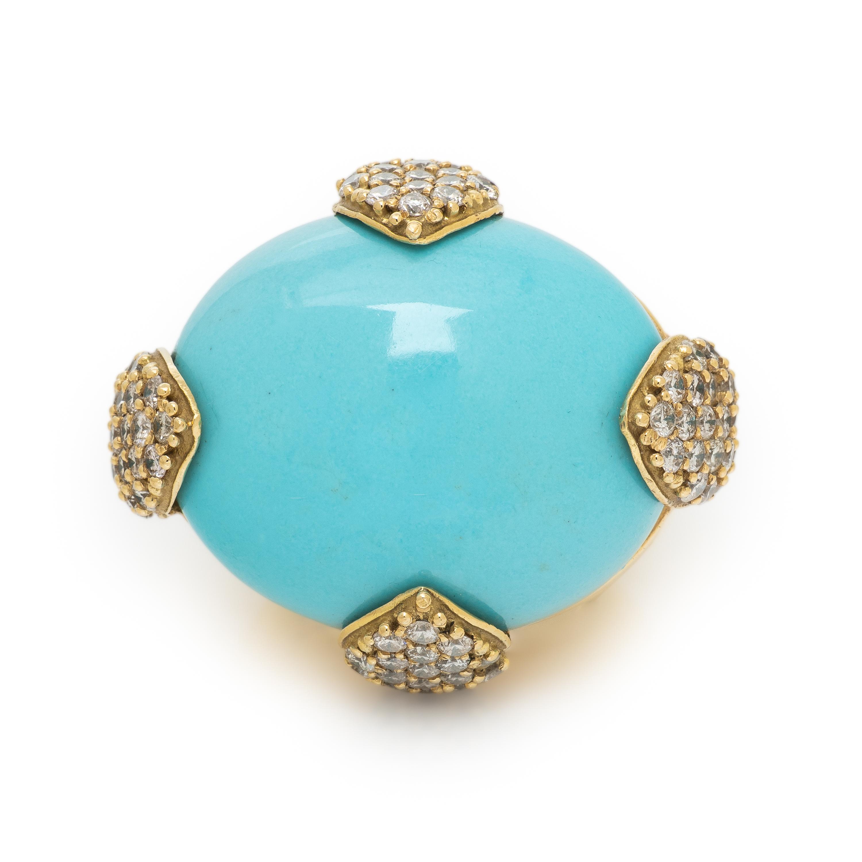 SAZINGG, TURQUOISE, DIAMOND, AND YELLOW GOLD RING