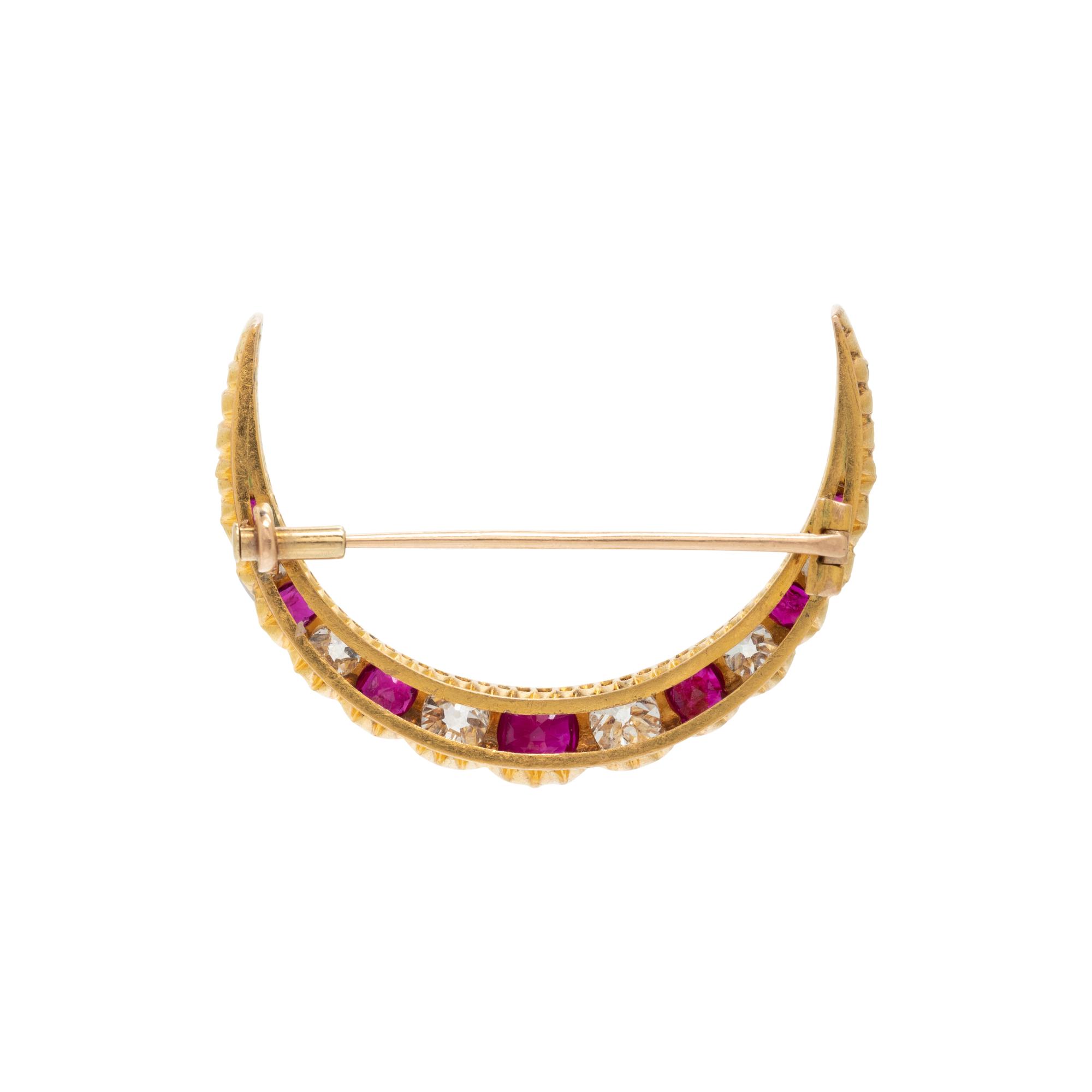 ANTIQUE, YELLOW GOLD, RUBY AND DIAMOND BROOCH