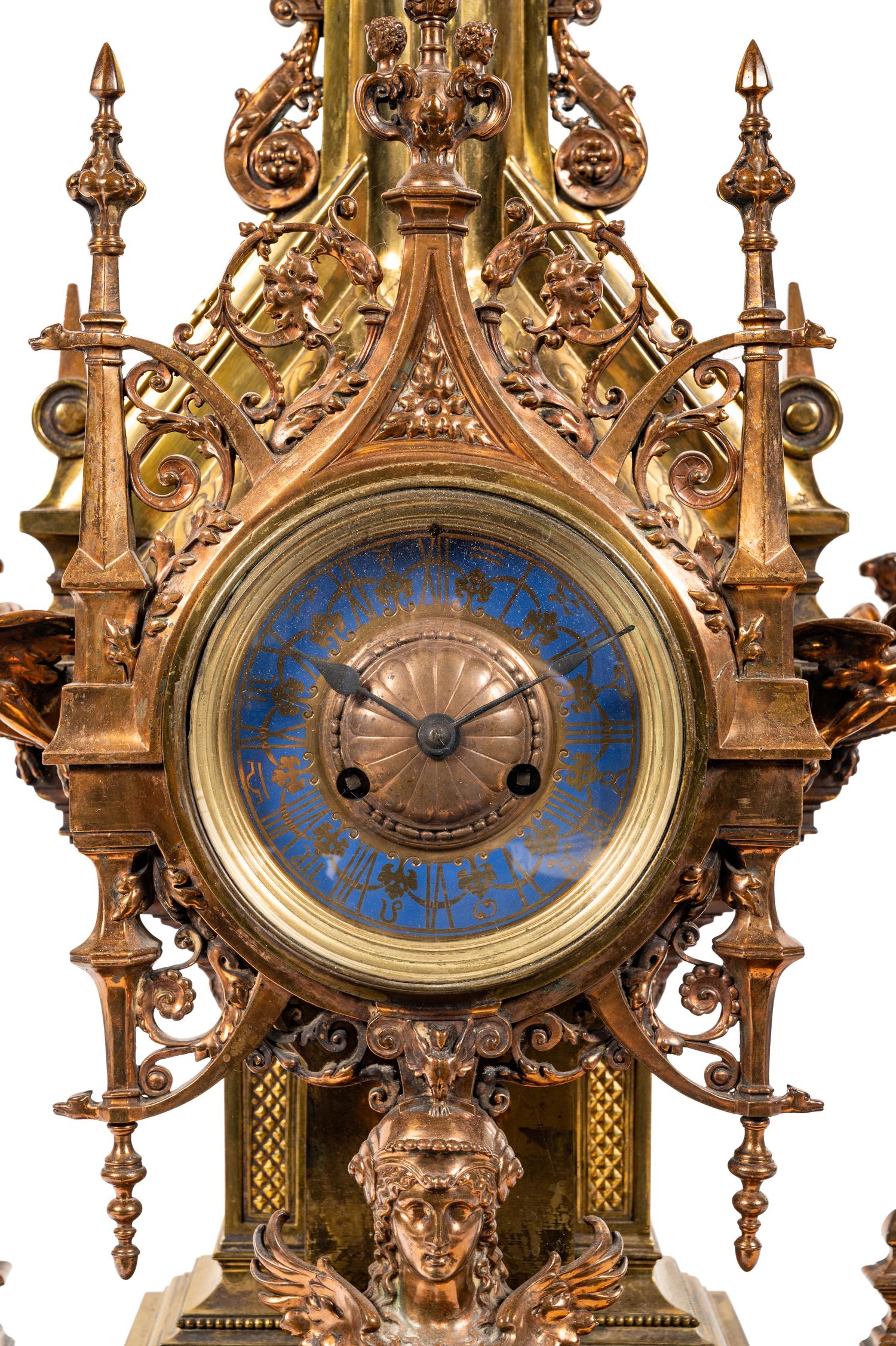 A French Gothic Revival Gilt Bronze and Brass Mantel Clock Retailed by Tiffany and Co.