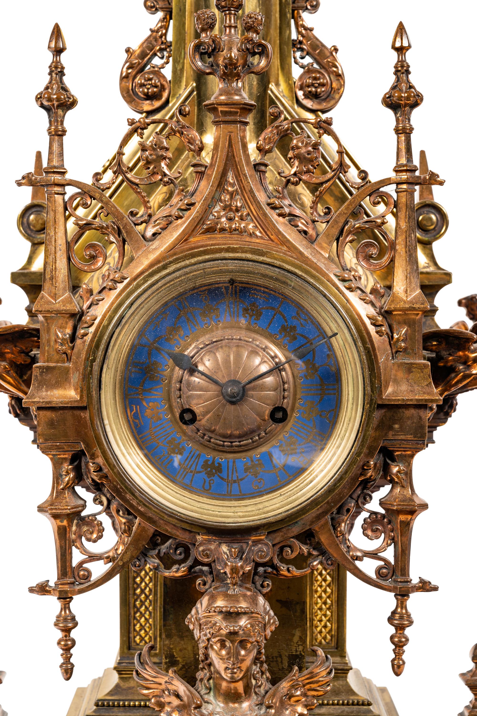 A French Gothic Revival Gilt Bronze and Brass Mantel Clock Retailed by Tiffany and Co.