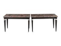 A Pair of Continental Style Black Lacquered and Part-Silvered Marble-Top Console Tables