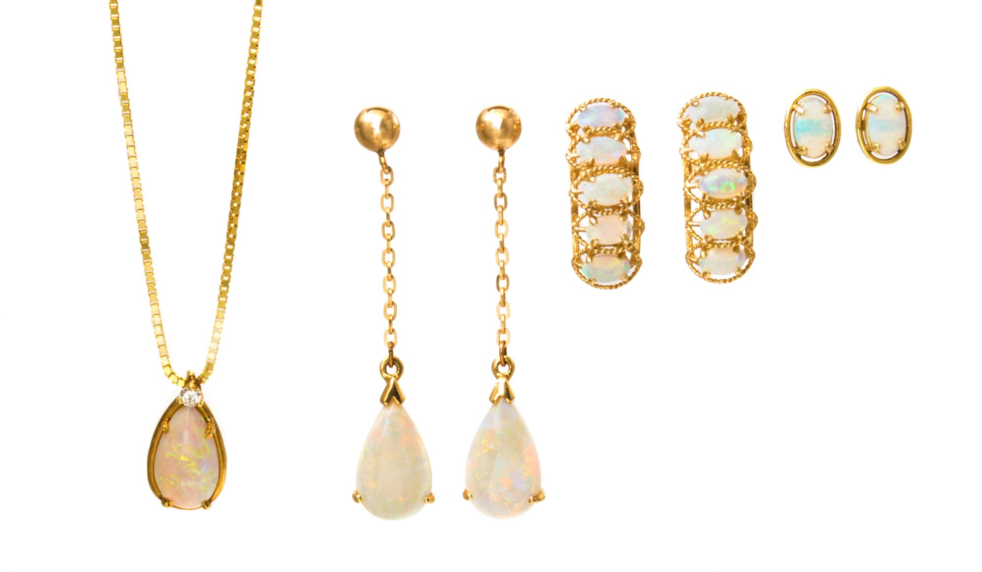 A Collection of 14 Karat Yellow Gold and Opal Jewelry, 7.40 dwts.