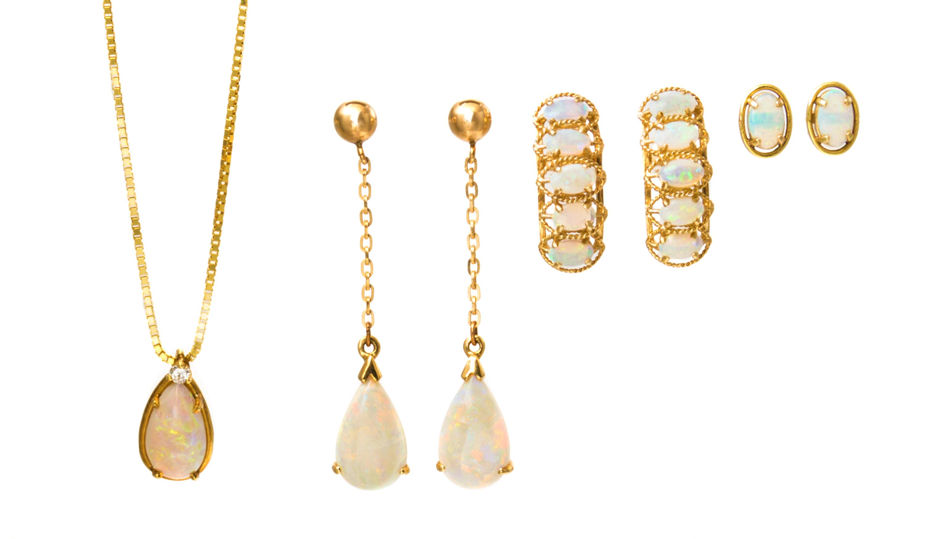A Collection of 14 Karat Yellow Gold and Opal Jewelry, 7.40 dwts.