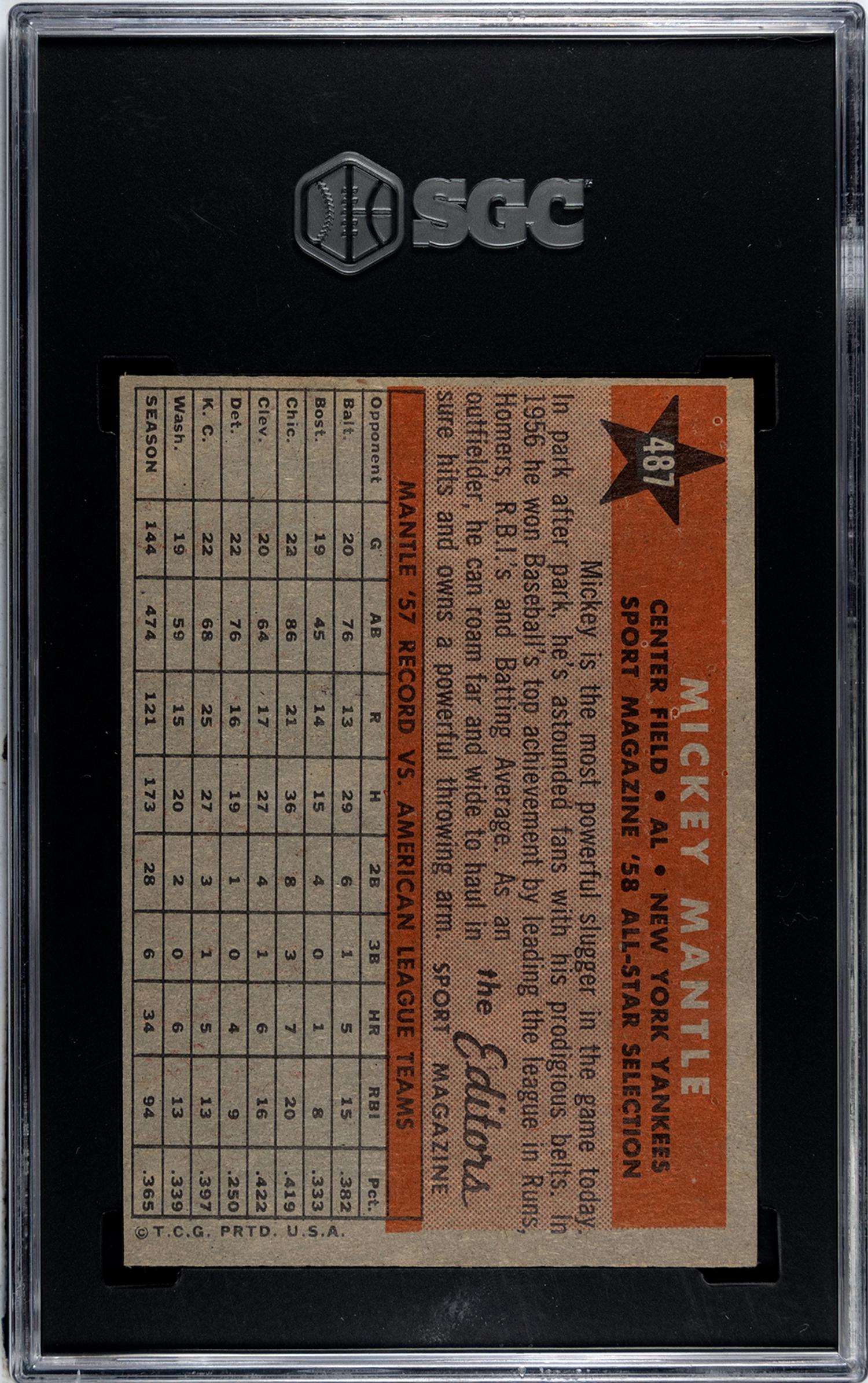 A 1958 Topps Mickey Mantle All Star Baseball Card No. 487 (SGC 5 EX)