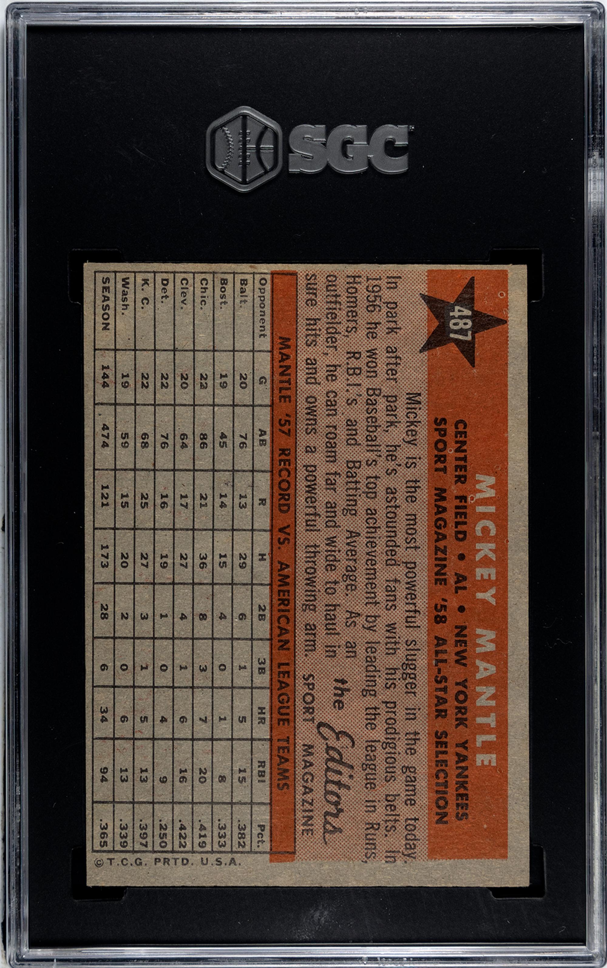 A 1958 Topps Mickey Mantle All Star Baseball Card No. 487 (SGC 5 EX)