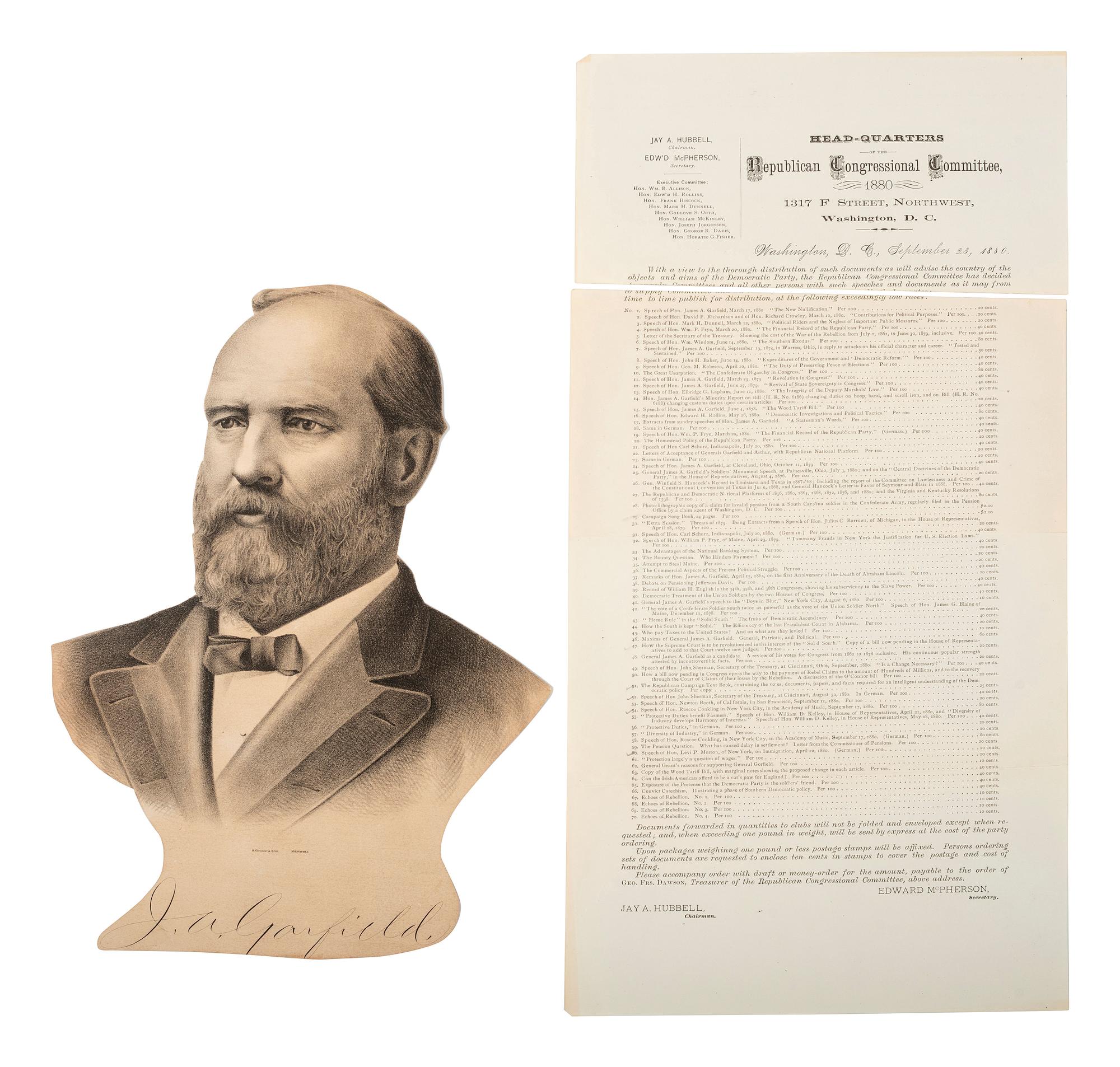 [GARFIELD, James A. (1831-1881)]. A group of cabinet cards, campaign circulars, advertising cards, and other ephemera from the 1880 presidential campaign, comprising: