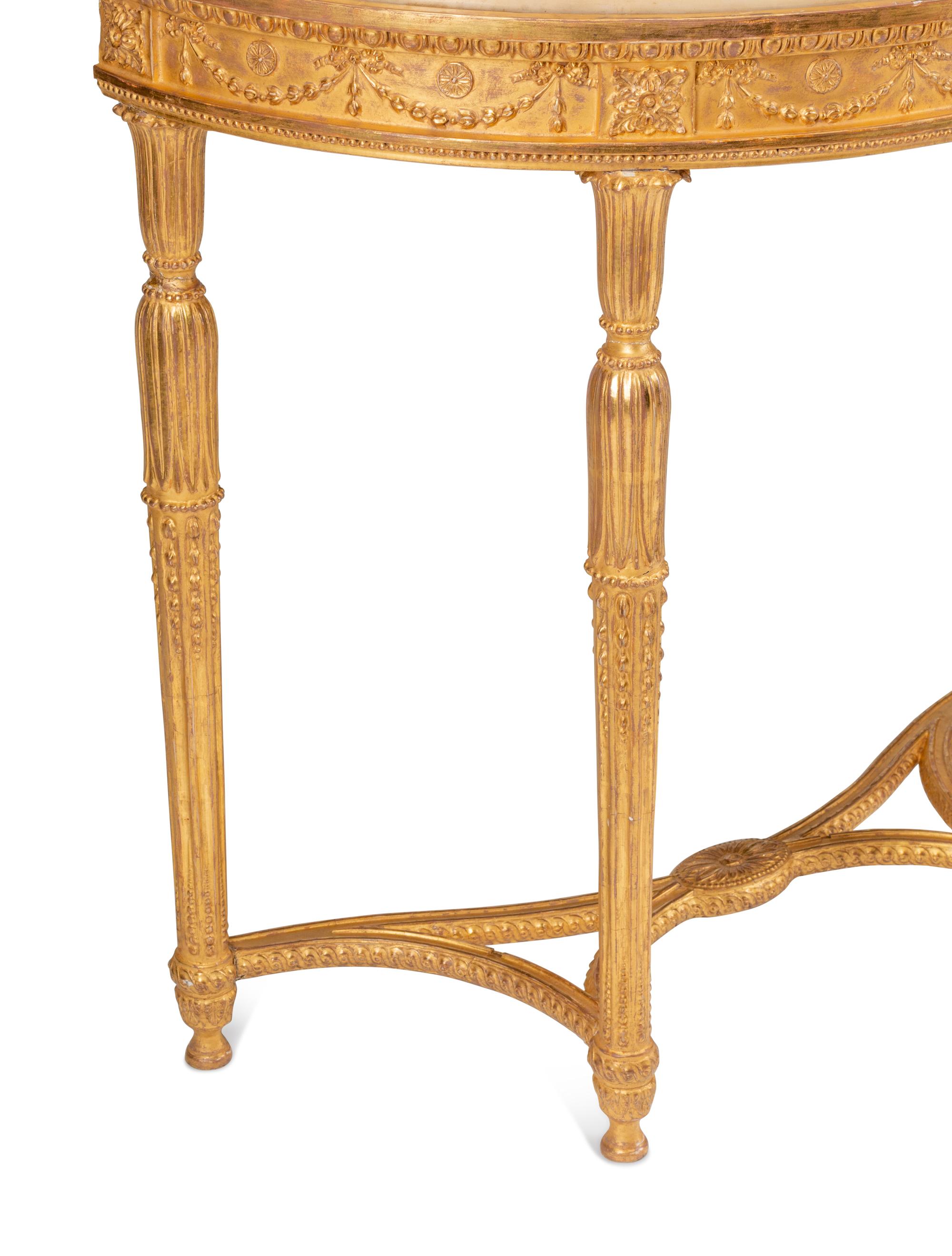 A Pair of George III Giltwood and Polychrome Inlaid Marble-Top Pier Tables