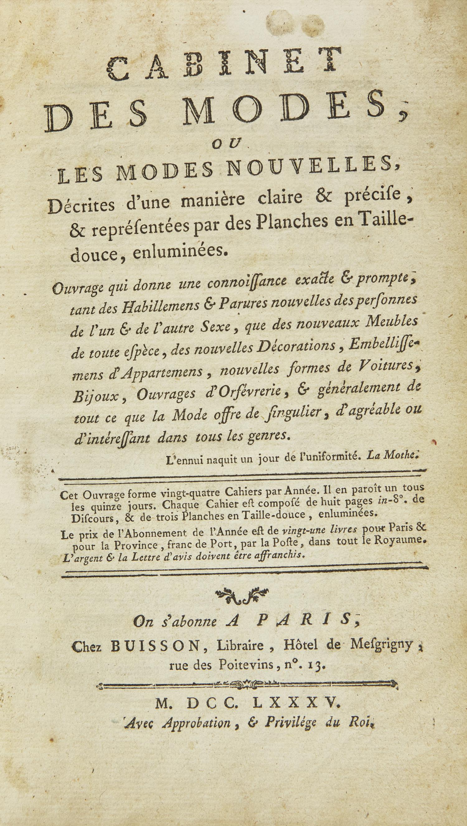 [Color-Plate Books] Cabinet des Modes, ou les modes nouvelles, décrites d'une manière claire & précise, & représentées par des planches en Tailledouce, enluminées.