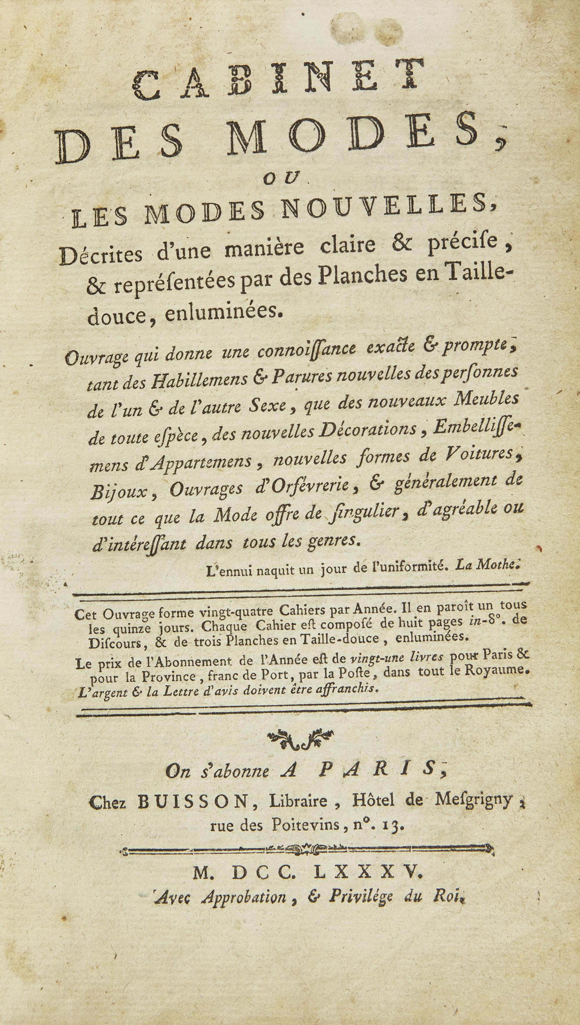 [Color-Plate Books] Cabinet des Modes, ou les modes nouvelles, décrites d'une manière claire & précise, & représentées par des planches en Tailledouce, enluminées.
