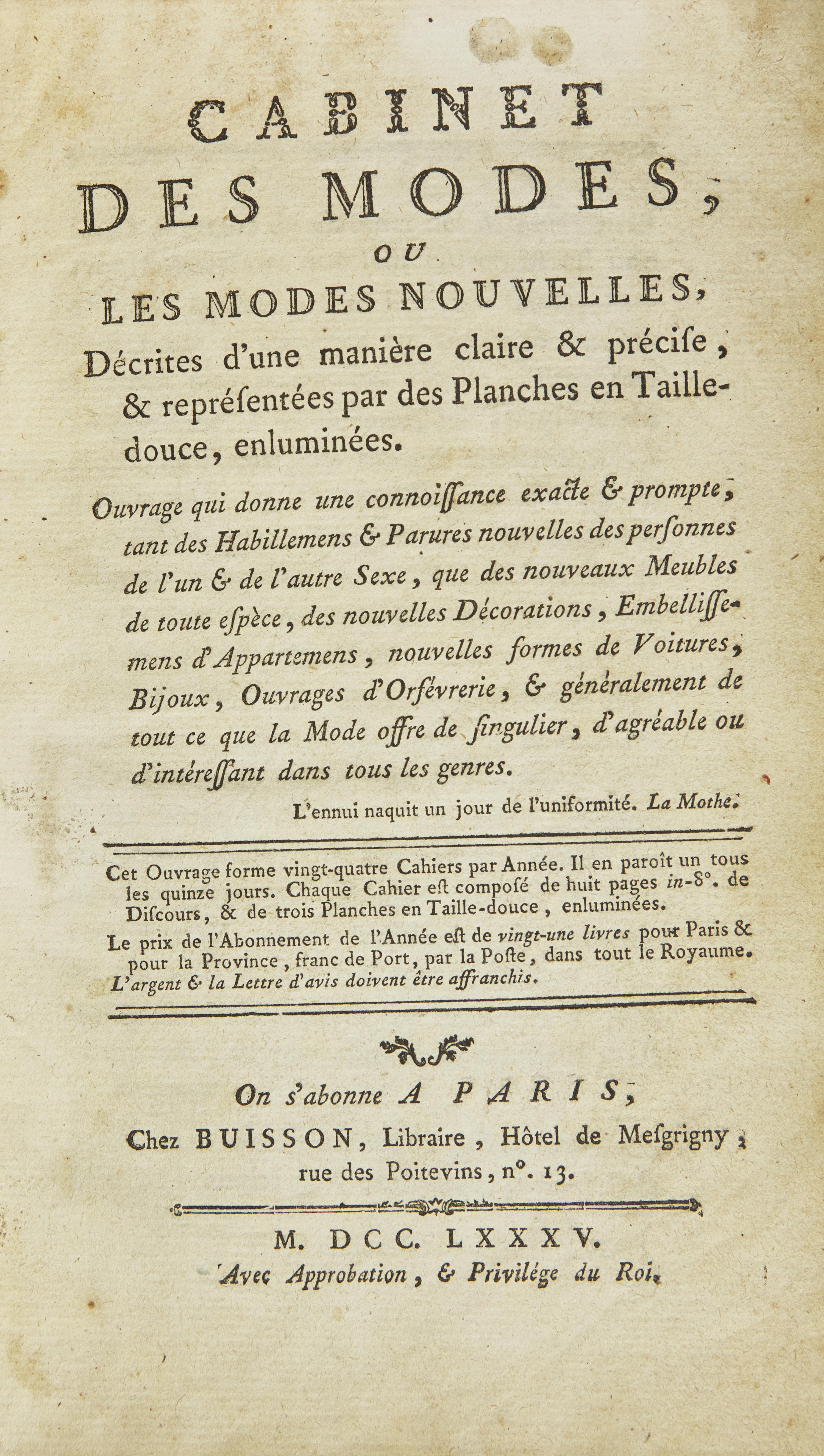 [Color-Plate Books] Cabinet des Modes, ou les modes nouvelles, décrites d'une manière claire & précise, & représentées par des planches en Tailledouce, enluminées.