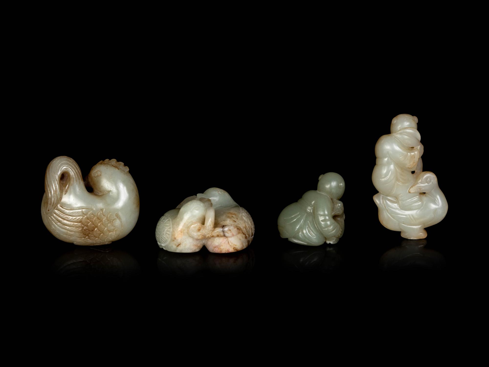 Four Chinese Celadon Jade Carvings of Boys and Birds