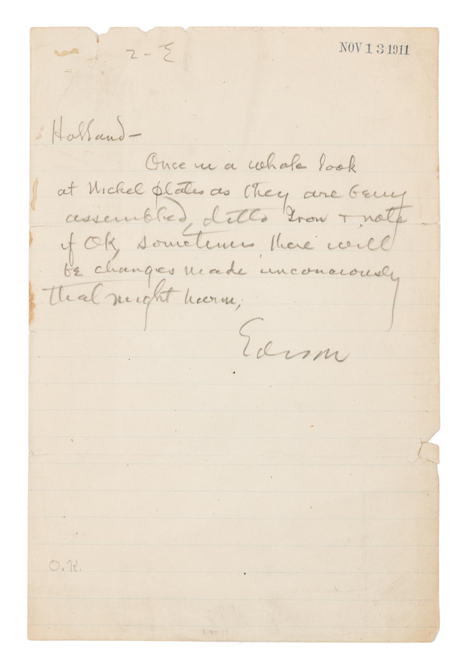 EDISON, Thomas (1847-1931). Autograph note signed ("Edison"), to Holland. N.p., 13 November 1911.