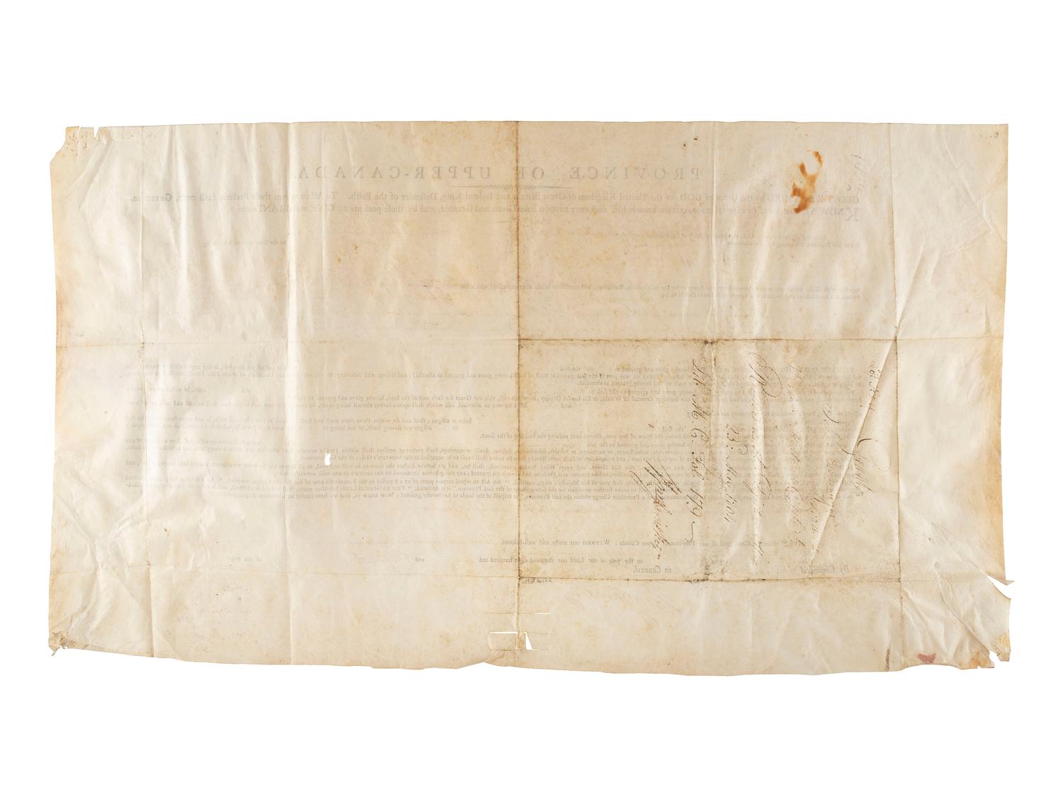 [REVOLUTIONARY WAR]. A group of 2 documents relating to the Province of Upper Canada, including one signed by Loyalist Samuel Smith (1756-1826) who served as Captain of the Queen's Rangers and surrendered at Yorktown.