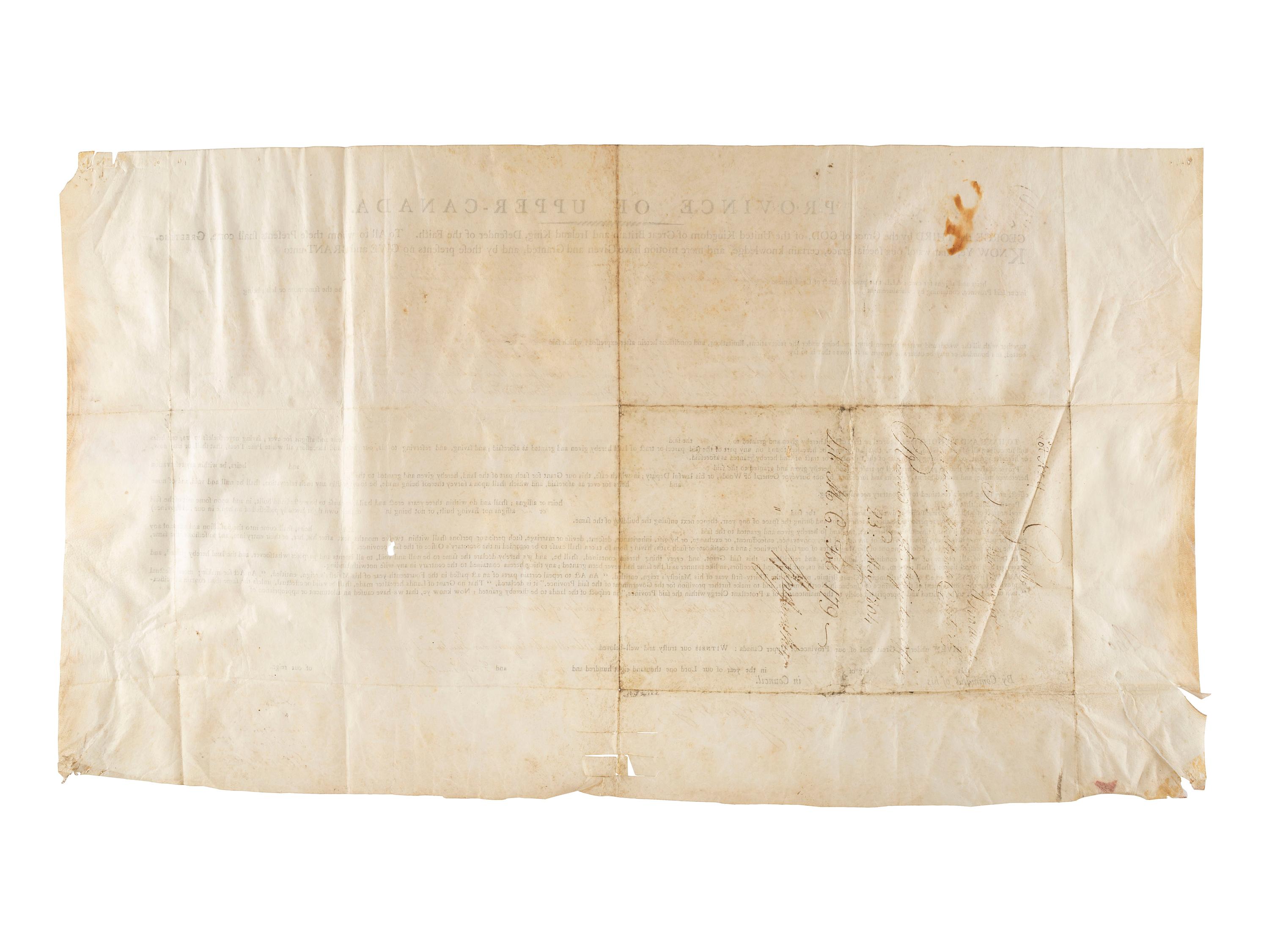 [REVOLUTIONARY WAR]. A group of 2 documents relating to the Province of Upper Canada, including one signed by Loyalist Samuel Smith (1756-1826) who served as Captain of the Queen's Rangers and surrendered at Yorktown.