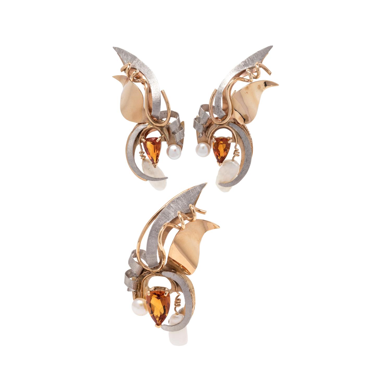 YELLOW GOLD, PLATINUM, CULTURED PEARL AND CITRINE SET