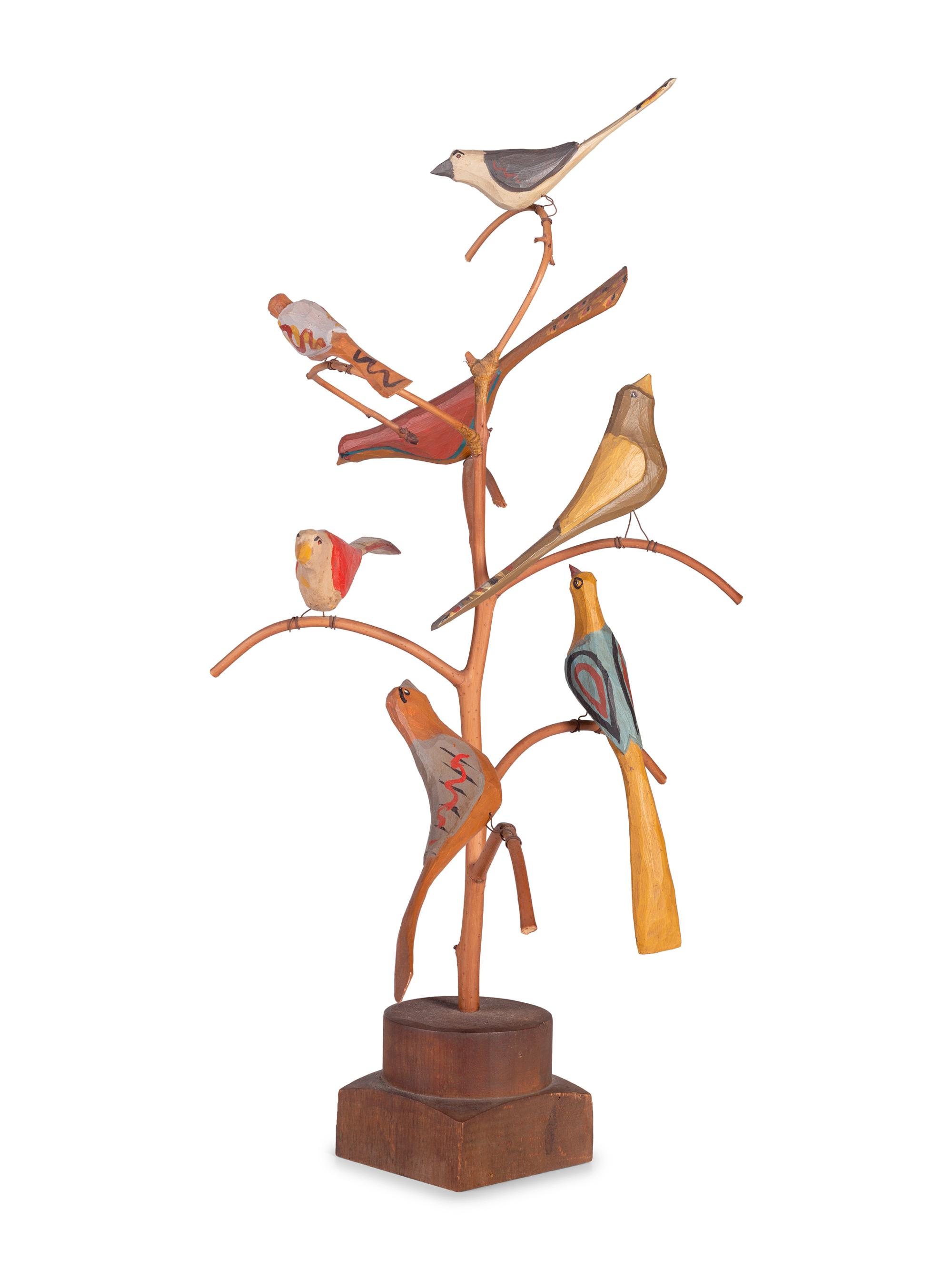 Five Carved and Painted Wood Folk Art Bird Trees