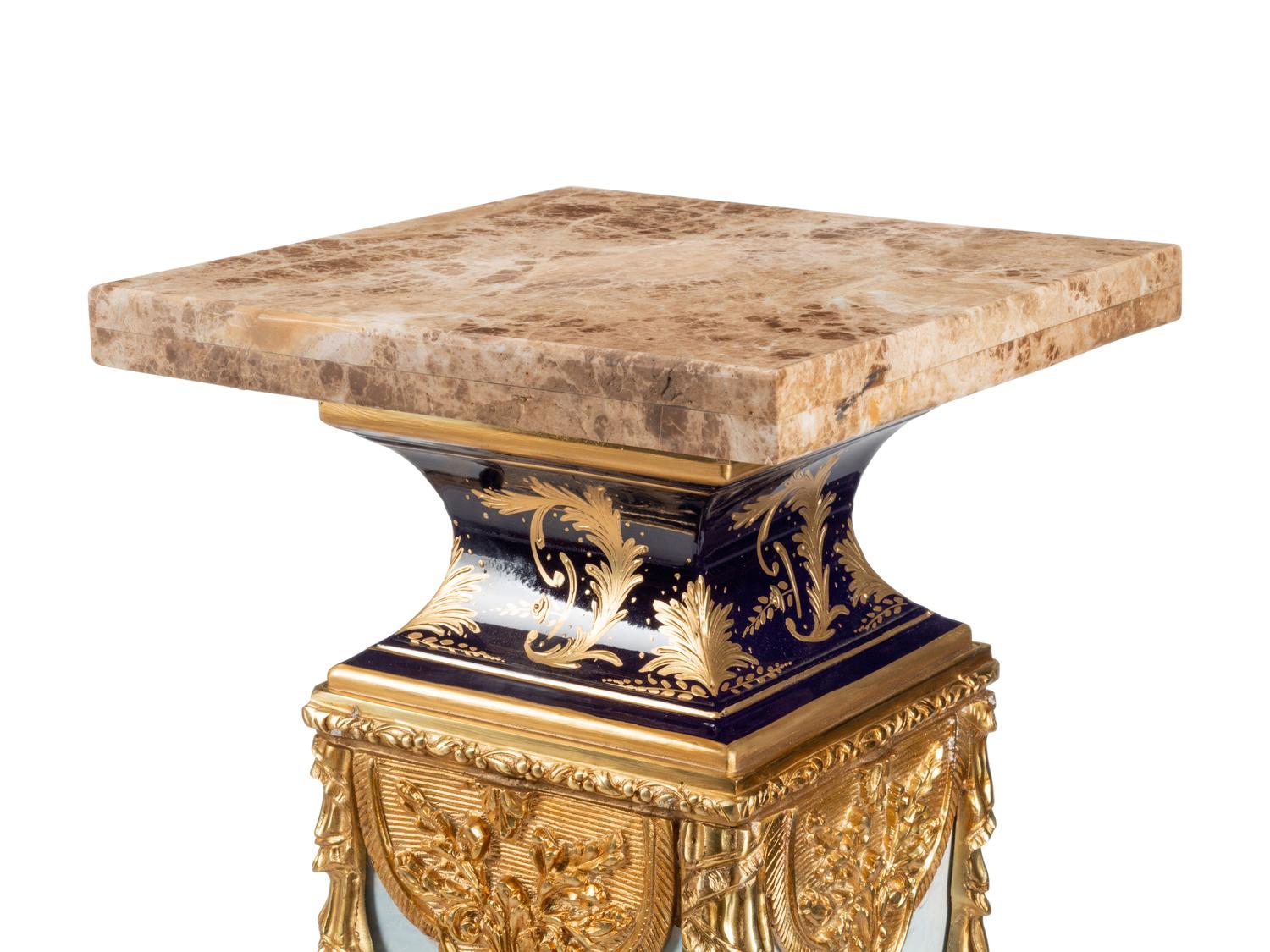 A Pair of Continental Gilt and Transfer-Printed Metal Mounted Marble Pedestals