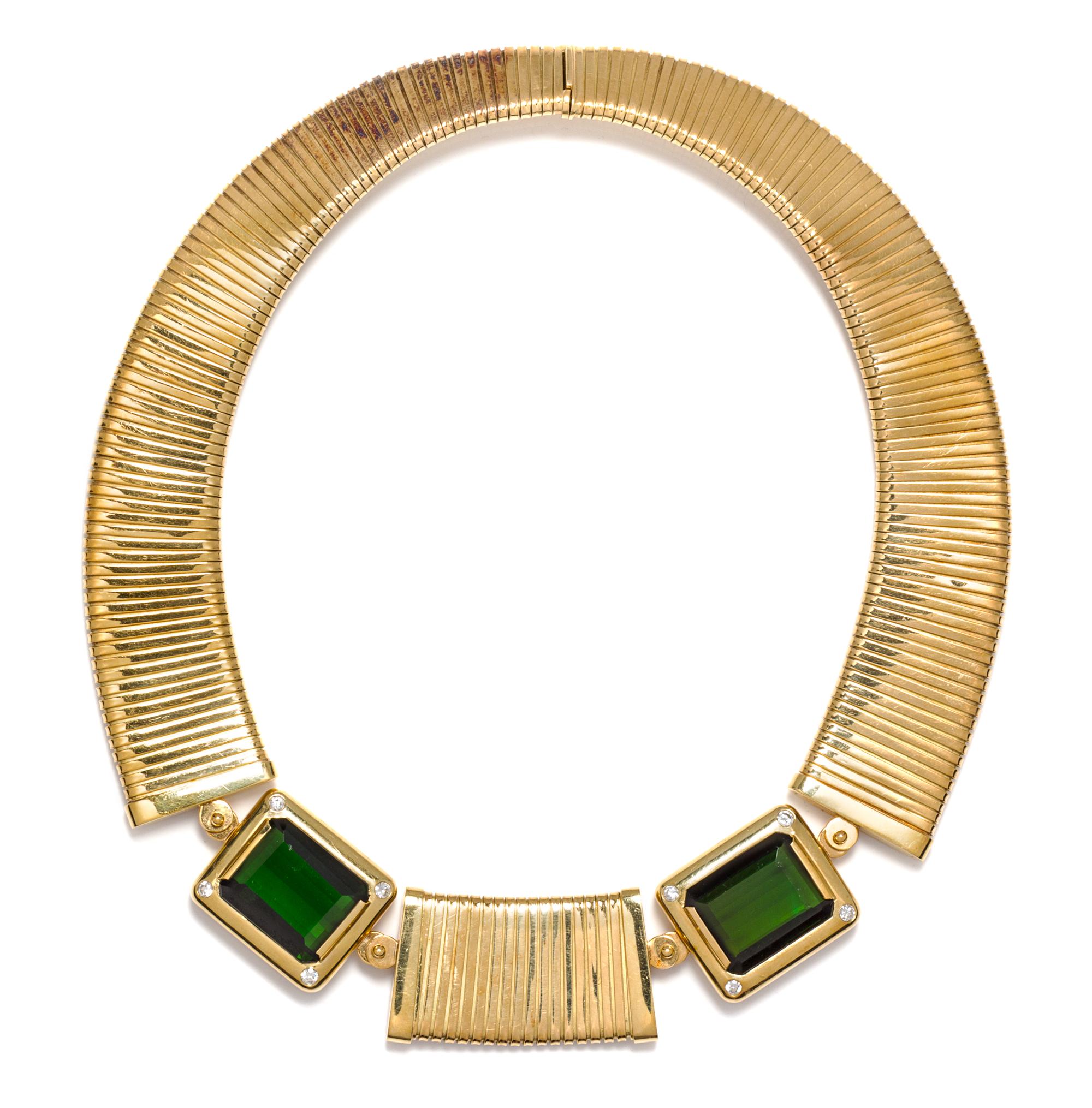 A Vintage 18 Karat Yellow Gold, Tourmaline and Diamond Collar Necklace, Weingrill, 136.10 dwts.