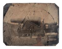 [CIVIL WAR]. Quarter plate tintype of an officer and enlisted men posed near Columbiad seacoast guns.