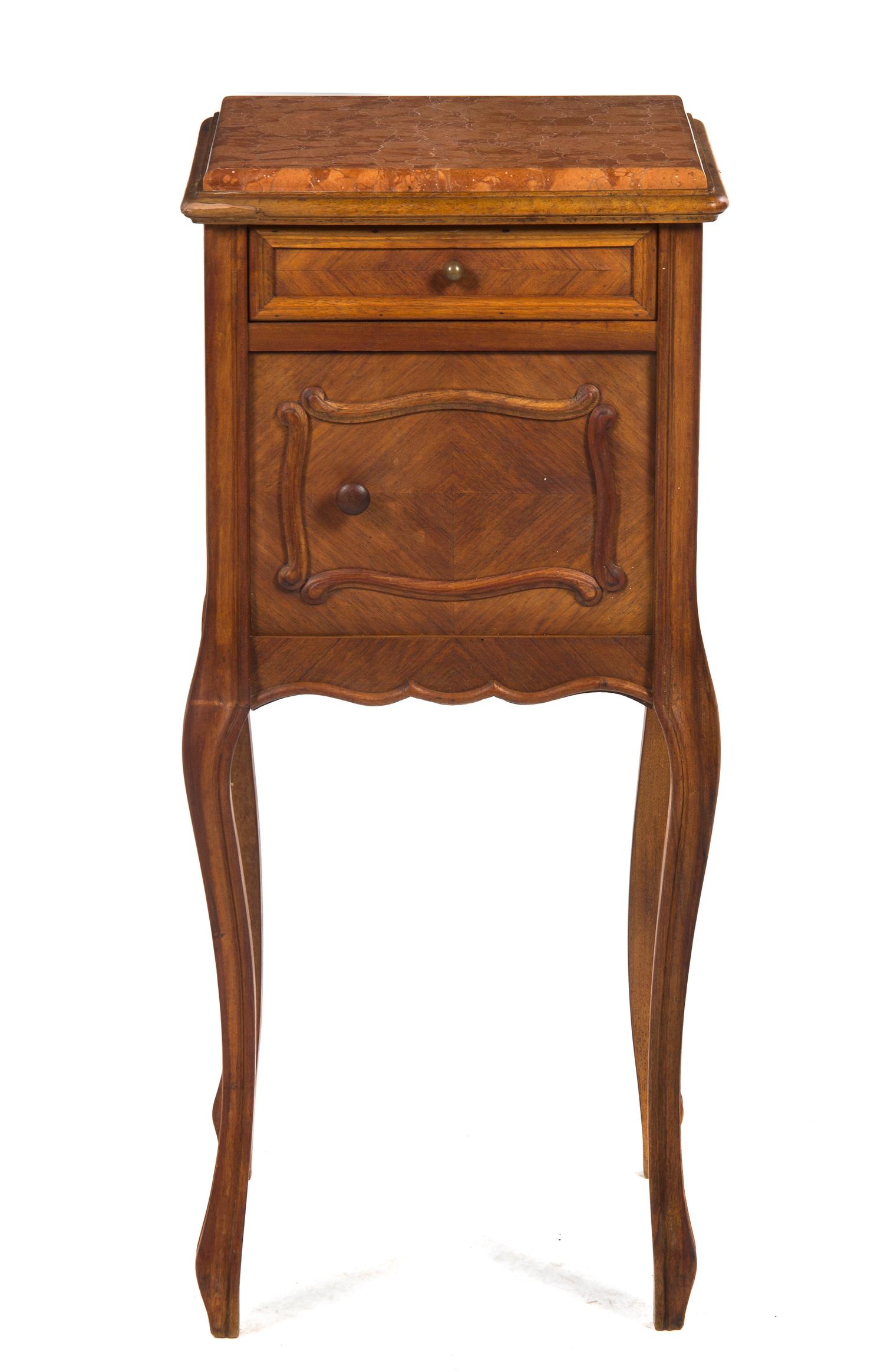 A Louis XV Style Walnut and Marble Table en Chiffonier, Height 32 3/4 x width 14 1/2 x depth 14 3/4 inches.