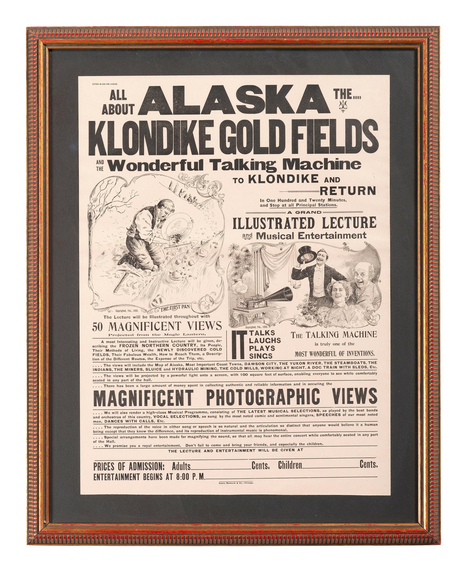 [GOLD MINING]. All About Alaska The....Kondike Gold Fields and the Wonderful Talking machine to Klondike and Return. Chicago: Sears, Roebuck & Co., [1898].