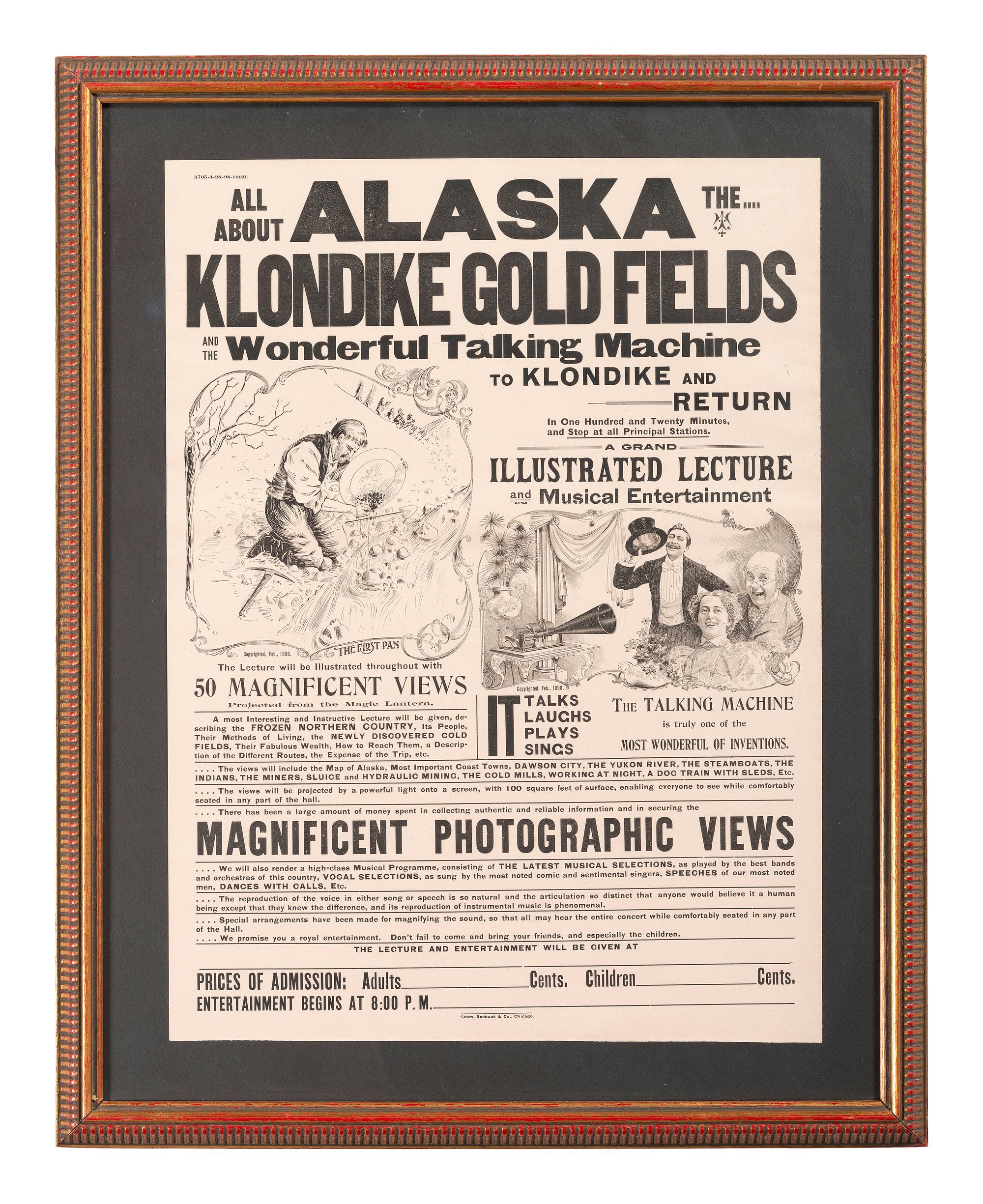 [GOLD MINING]. All About Alaska The....Kondike Gold Fields and the Wonderful Talking machine to Klondike and Return. Chicago: Sears, Roebuck & Co., [1898].
