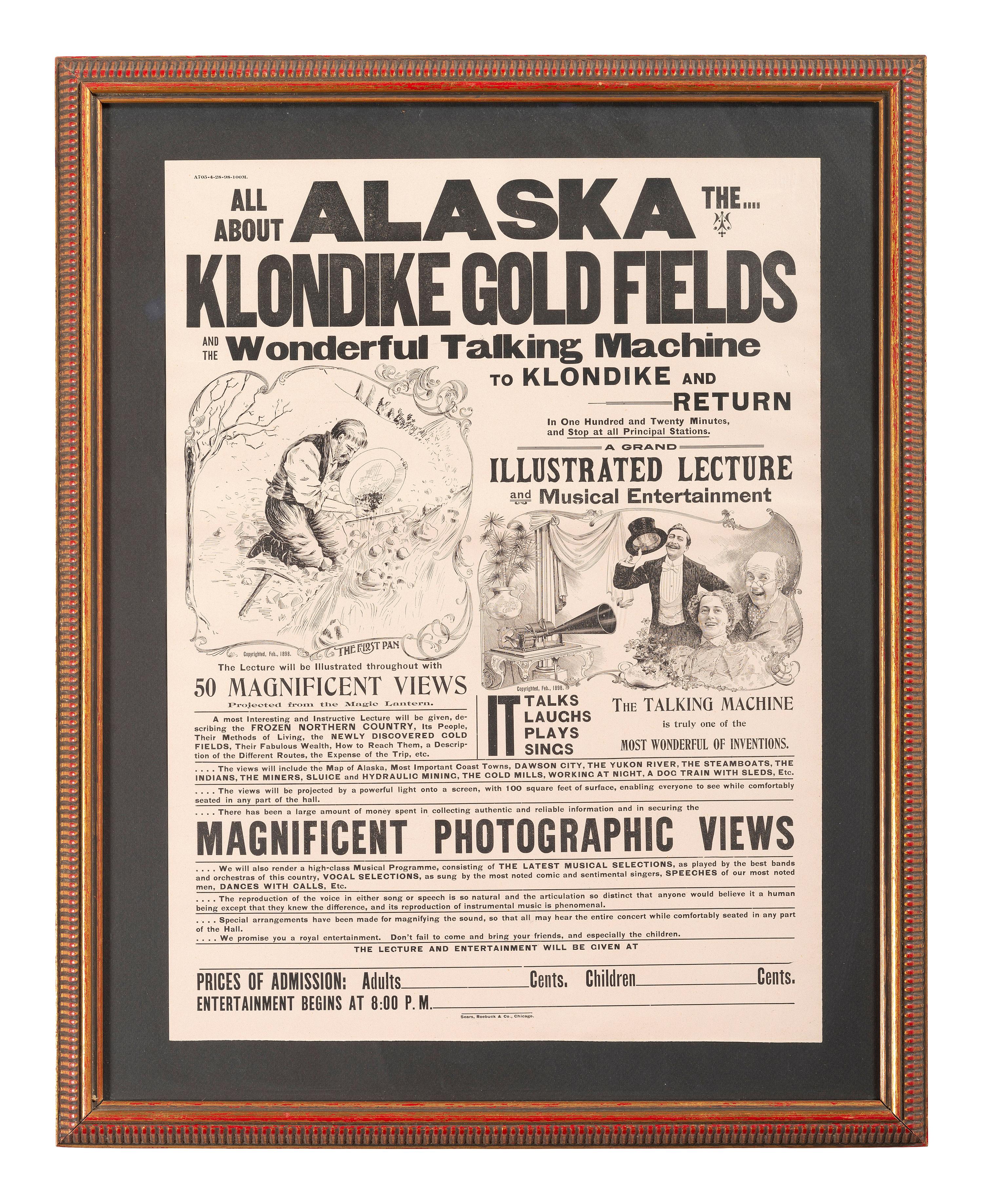 [GOLD MINING]. All About Alaska The....Kondike Gold Fields and the Wonderful Talking machine to Klondike and Return. Chicago: Sears, Roebuck & Co., [1898].