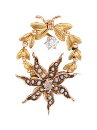 A Yellow Gold, Seed Pearl and Diamond Pendant,