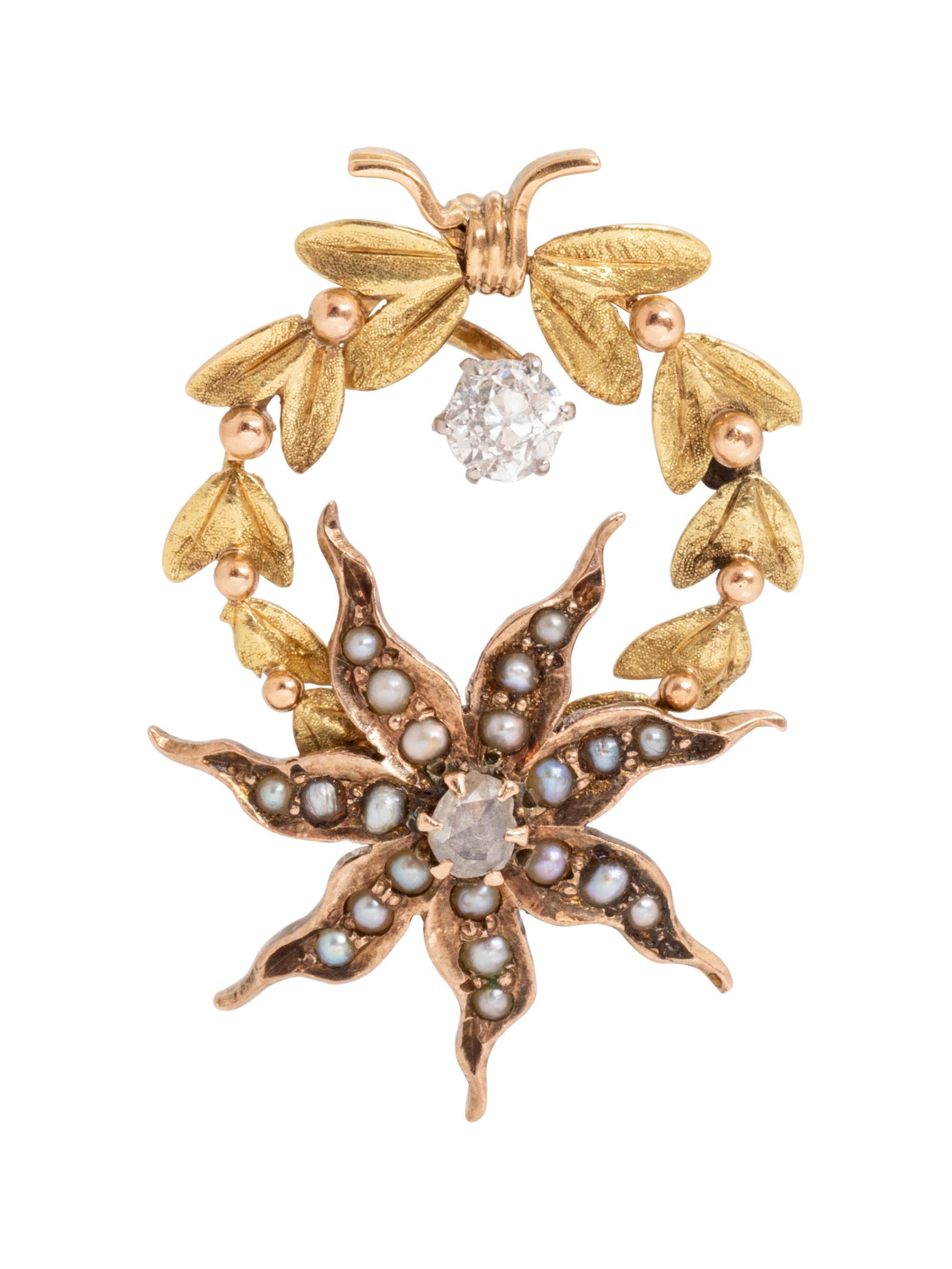 A Yellow Gold, Seed Pearl and Diamond Pendant,